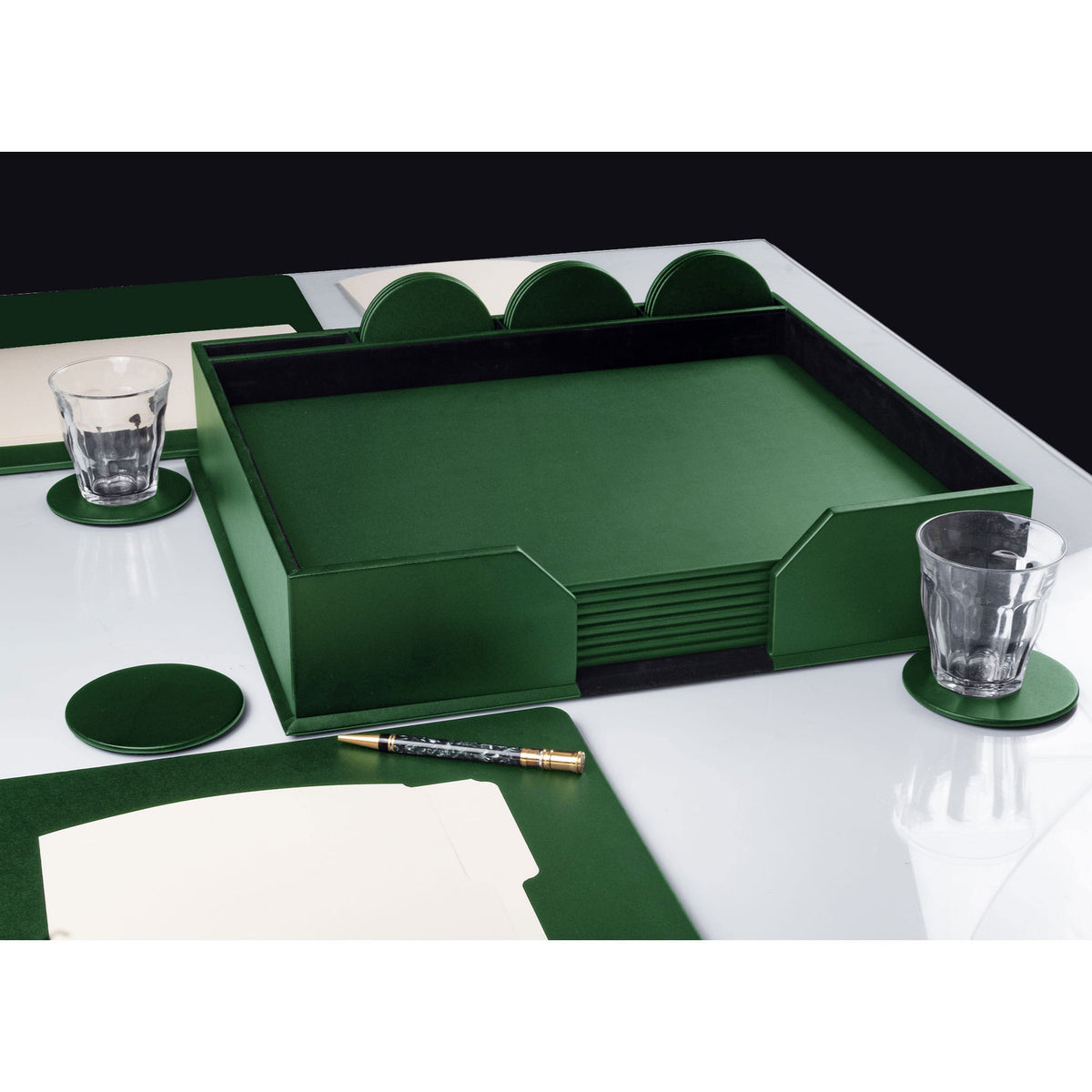 10 Seat Dark Green Leatherette Conference Room Set w/ Round Coasters, 17 x 14 Size Pads