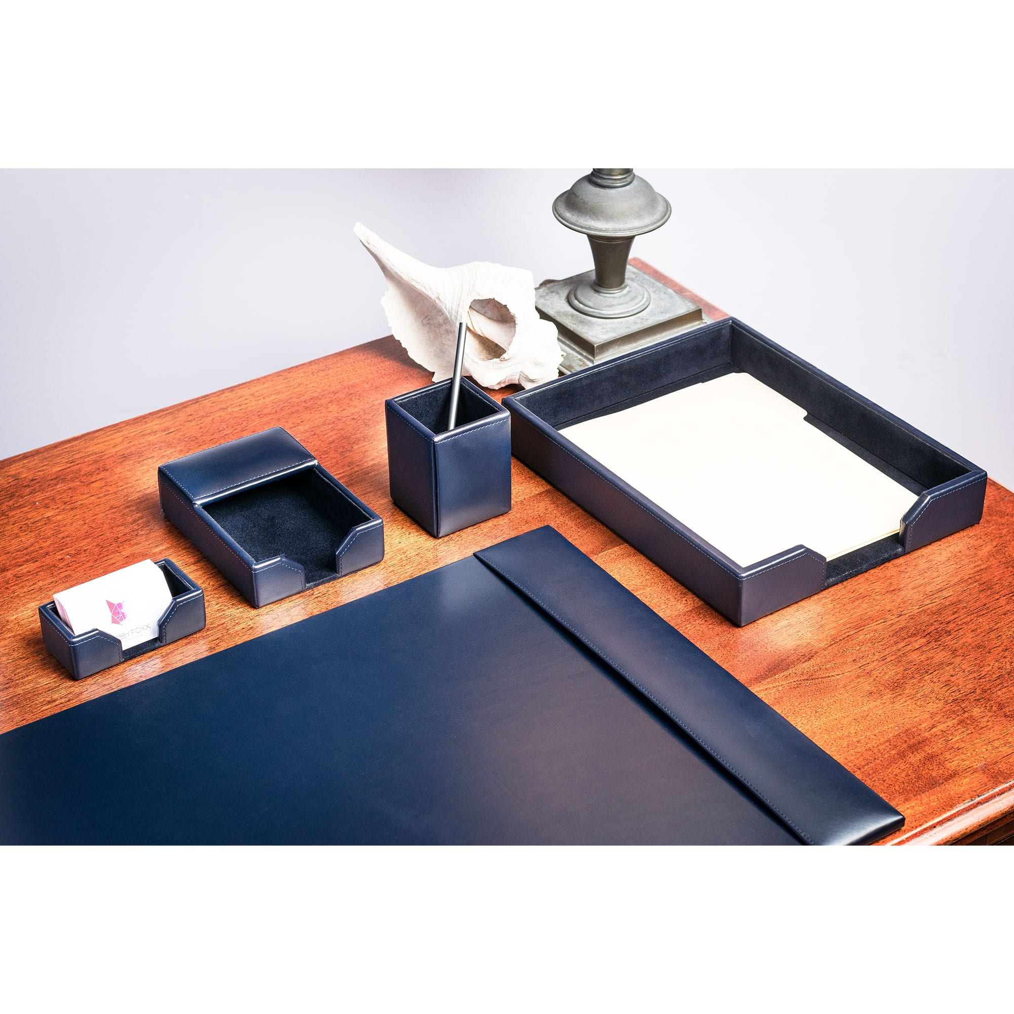 Navy Blue Bonded Leather 5-Piece Desk Set