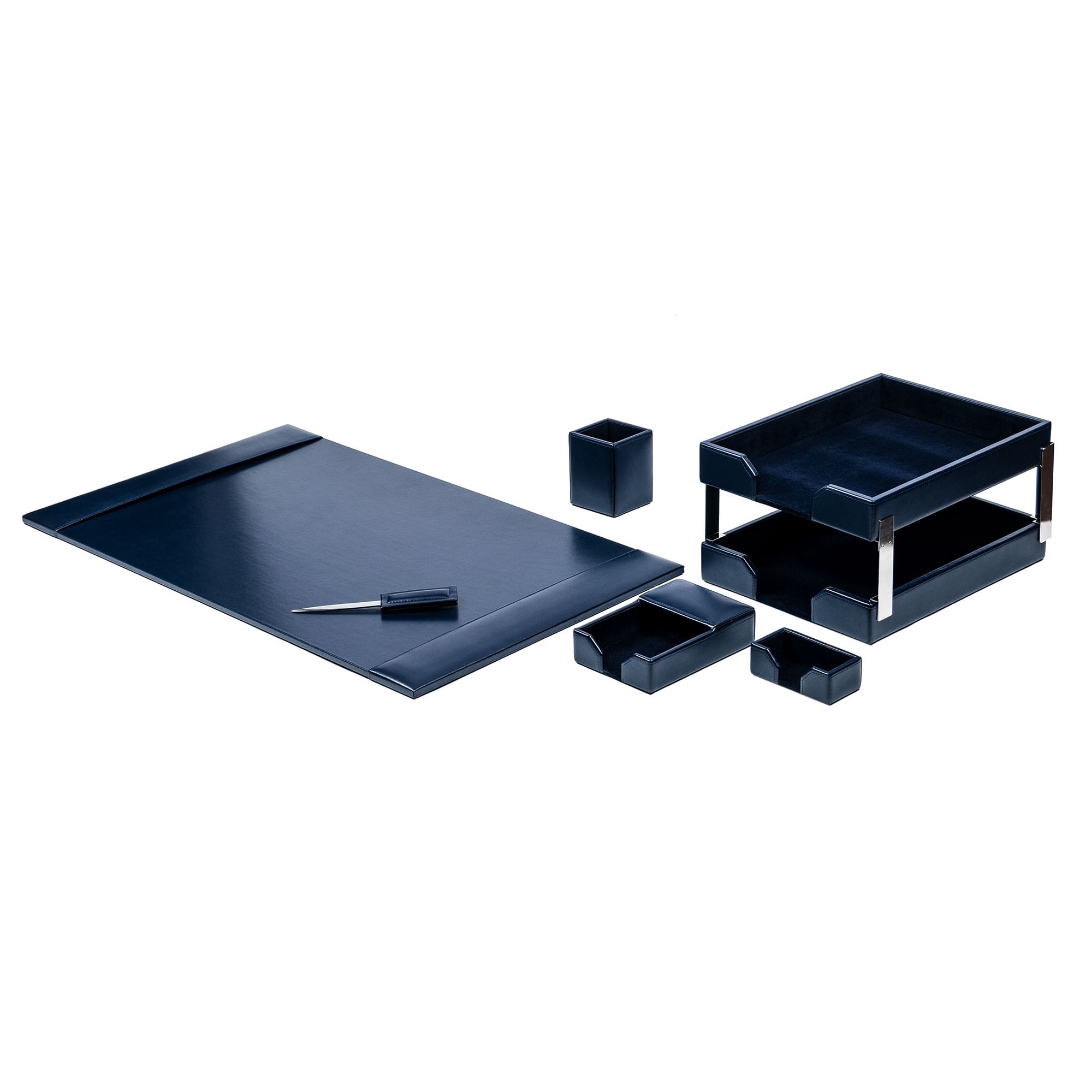Navy Blue Bonded Leather 8-Piece Desk Set