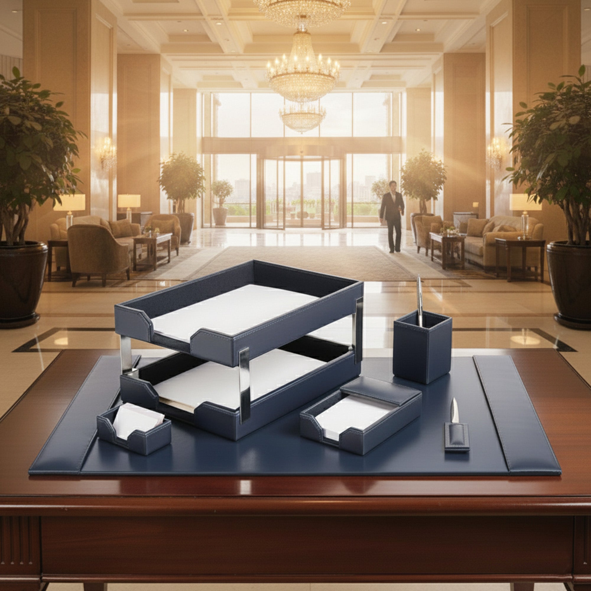 Navy Blue Bonded Leather 8-Piece Desk Set