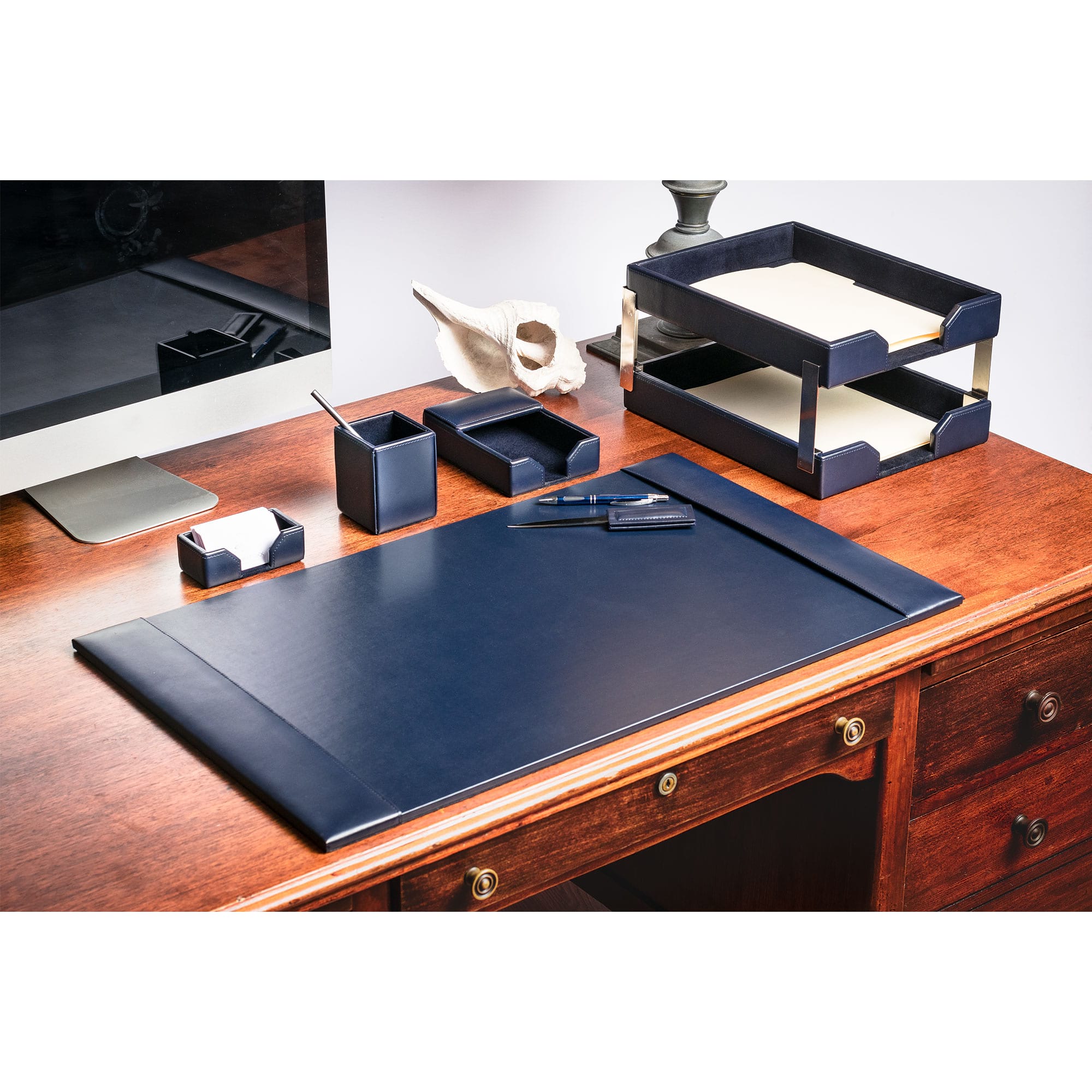 Navy Blue Bonded Leather 8-Piece Desk Set