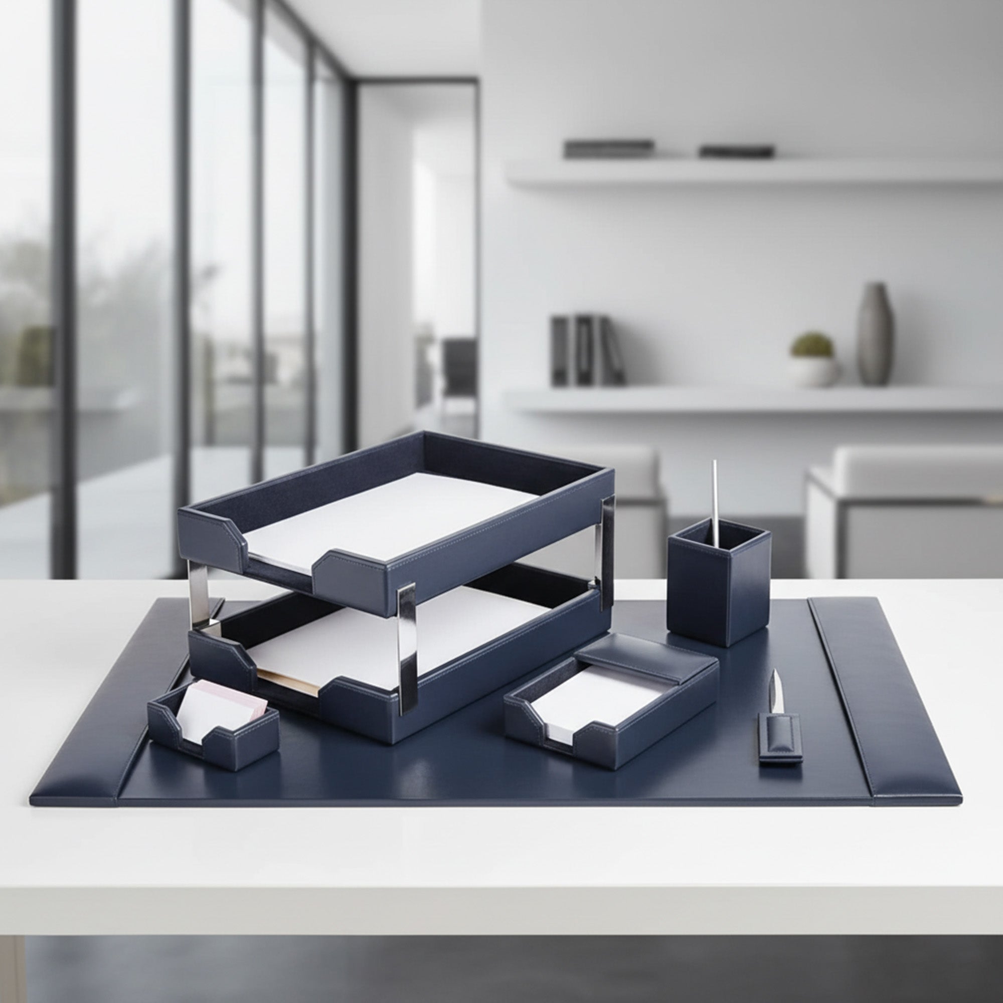 Navy Blue Bonded Leather 8-Piece Desk Set