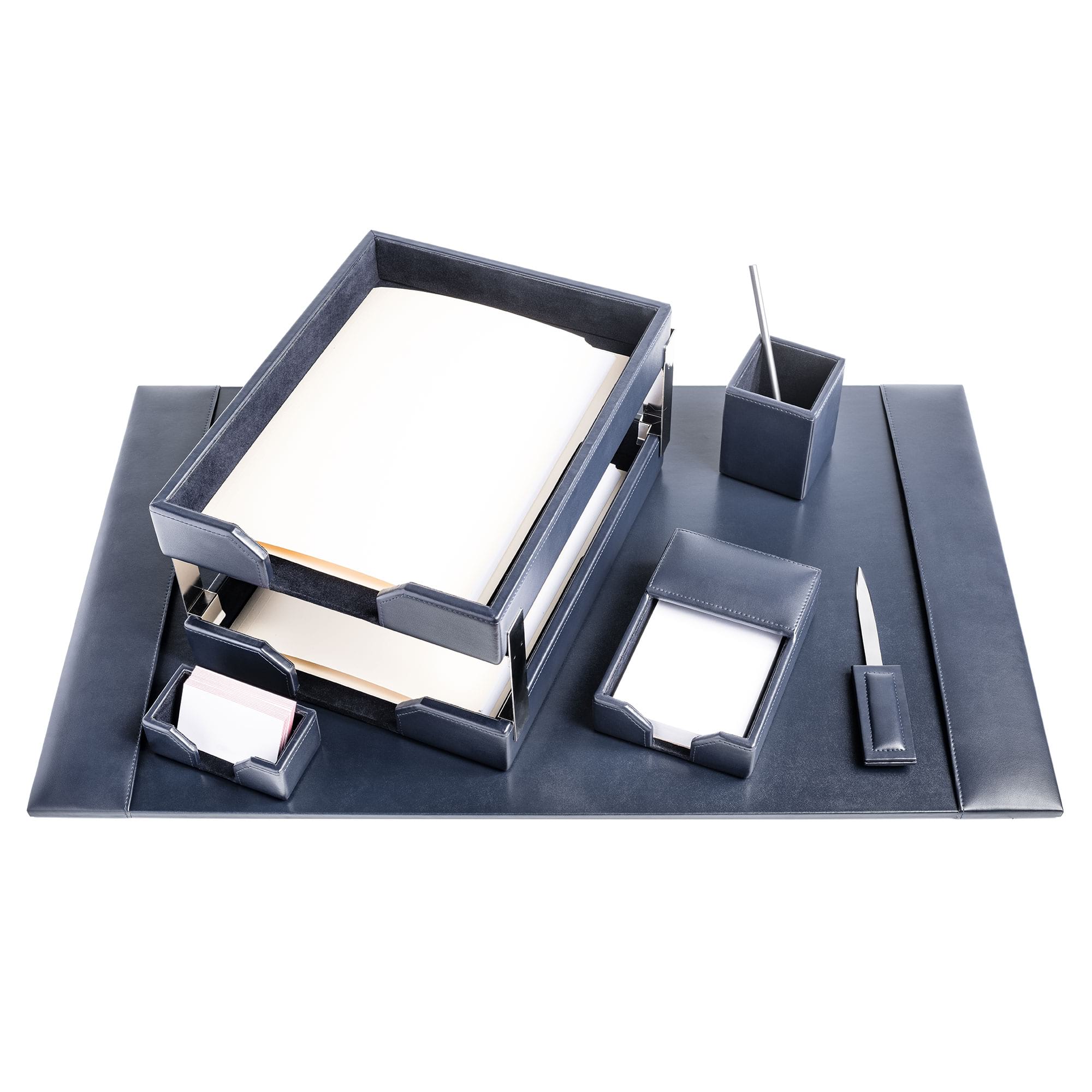 Navy Blue Bonded Leather 8-Piece Desk Set