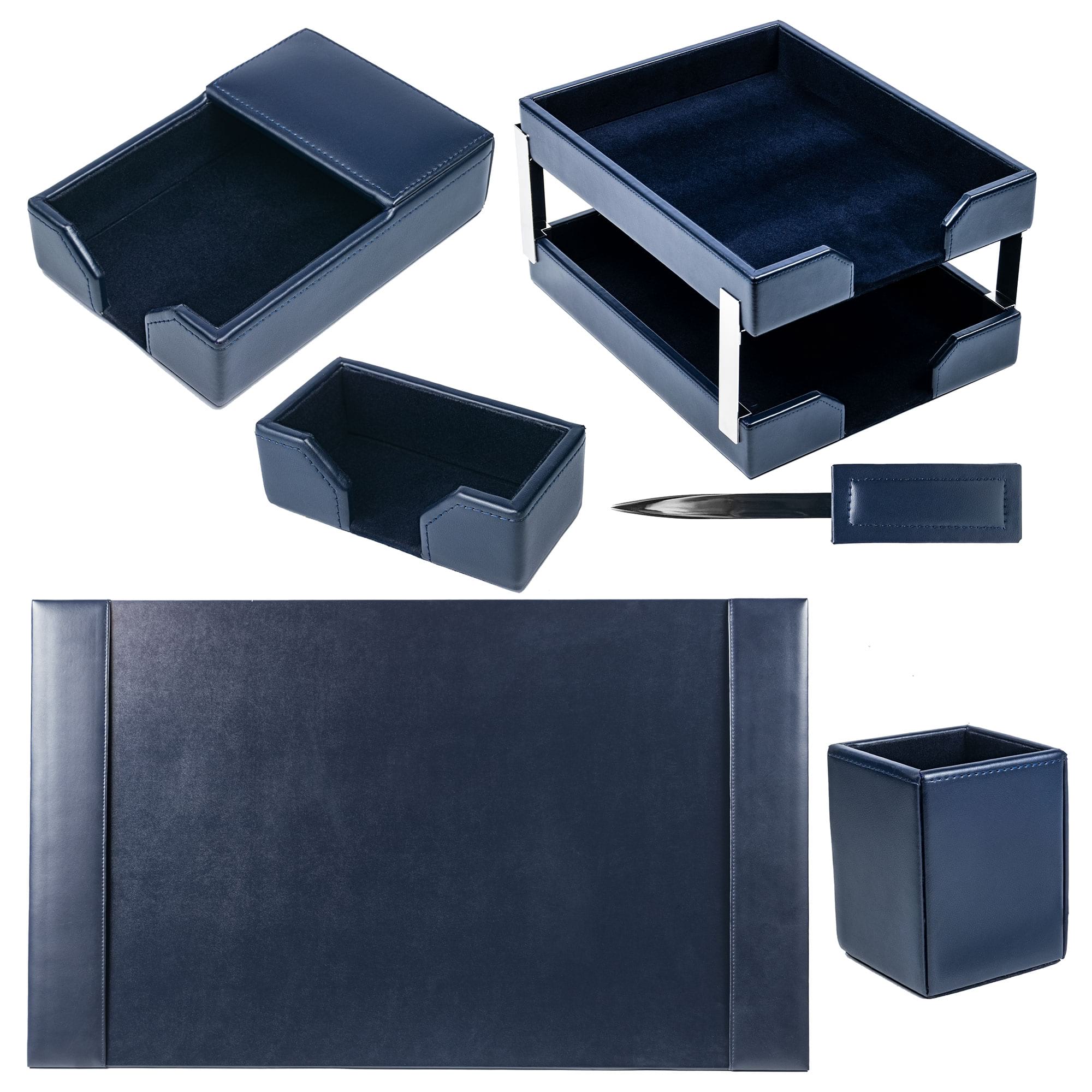 Navy Blue Bonded Leather 8-Piece Desk Set