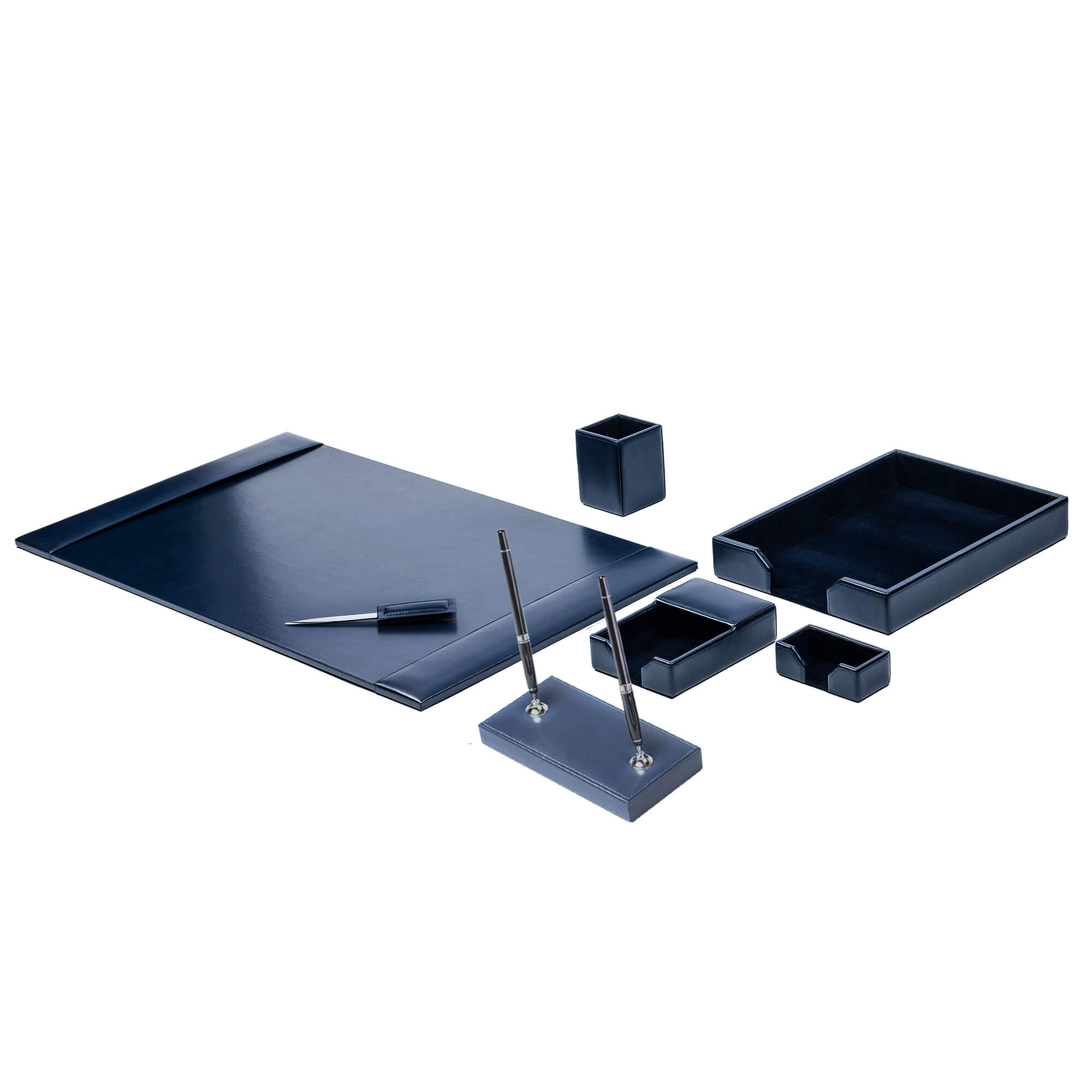 Navy Blue Bonded Leather 7-Piece Desk Set