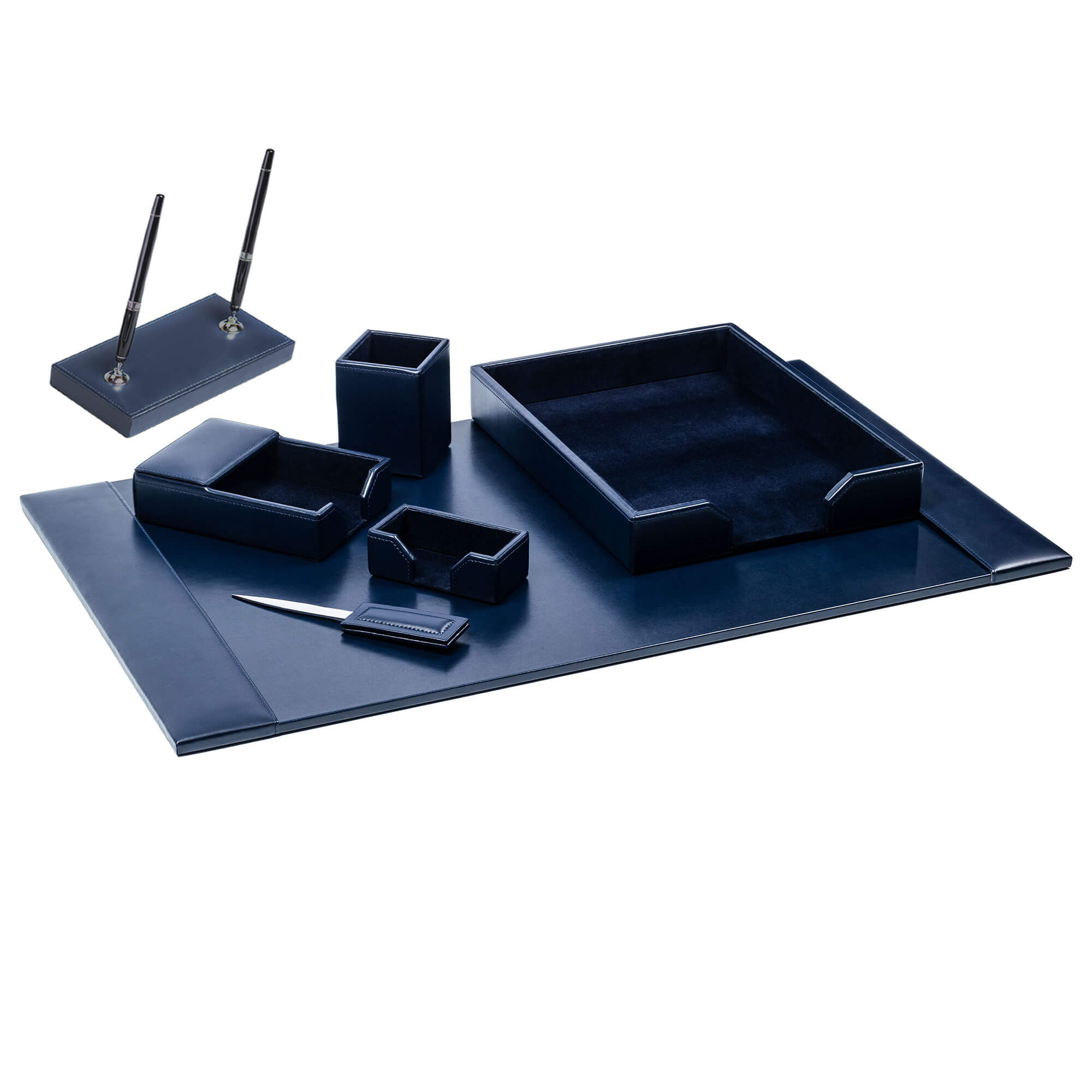 Navy Blue Bonded Leather 7-Piece Desk Set