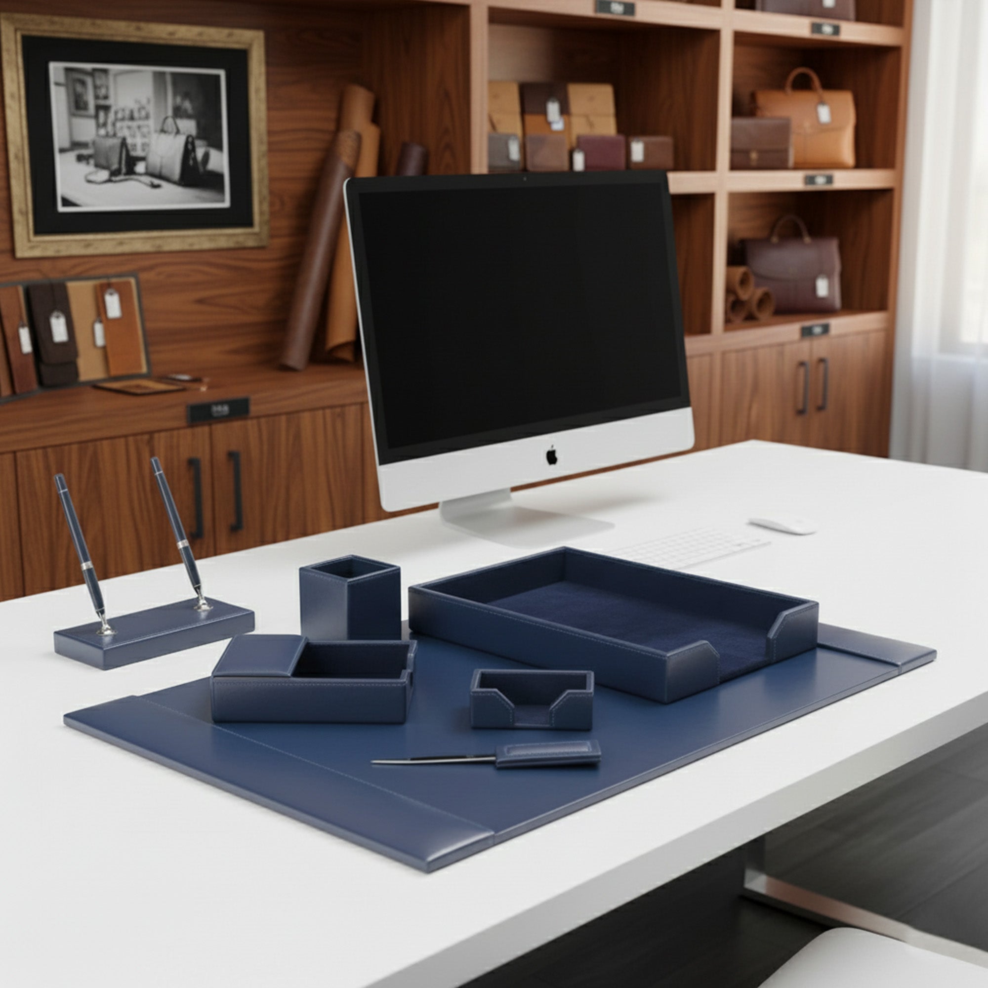 Navy Blue Bonded Leather 7-Piece Desk Set