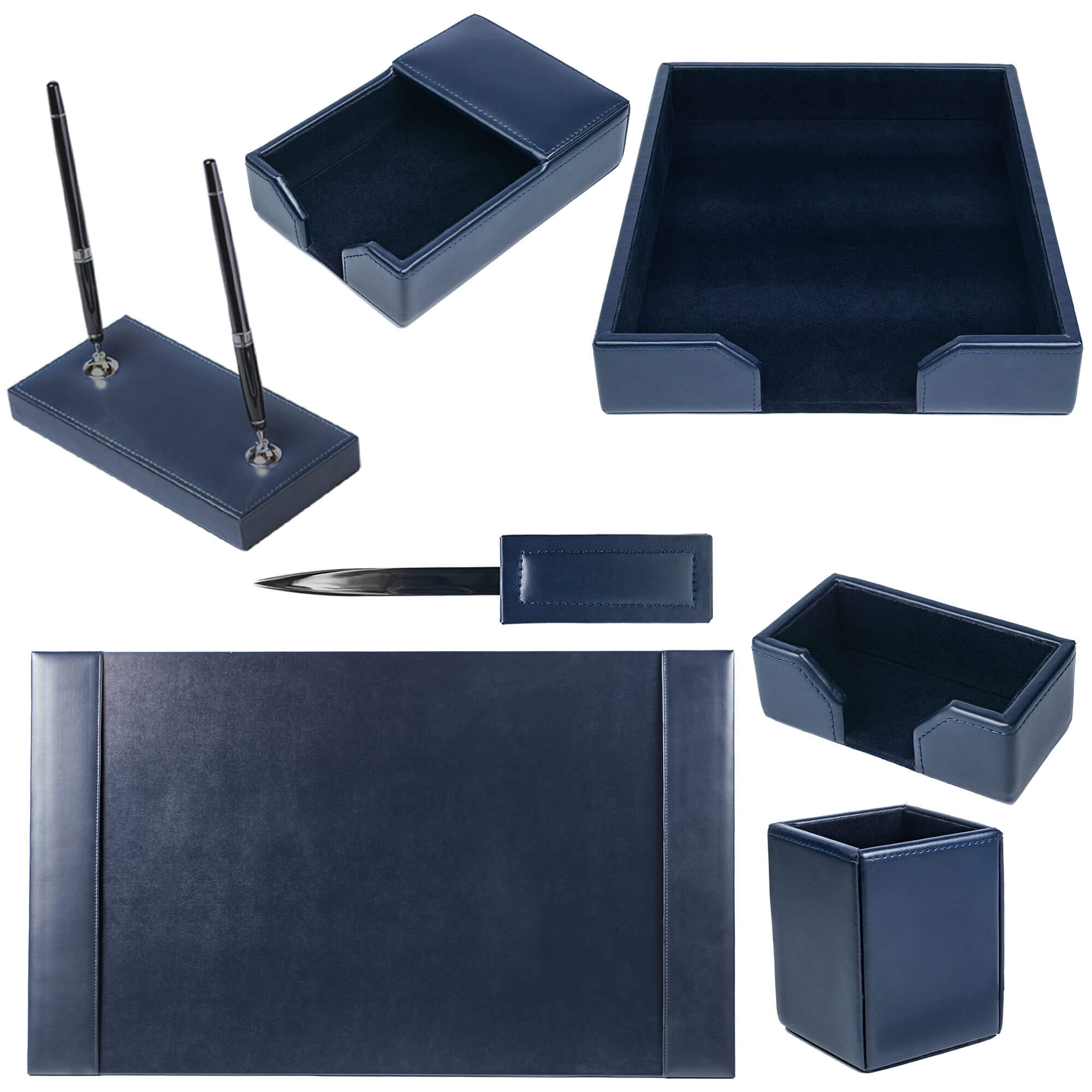 Navy Blue Bonded Leather 7-Piece Desk Set