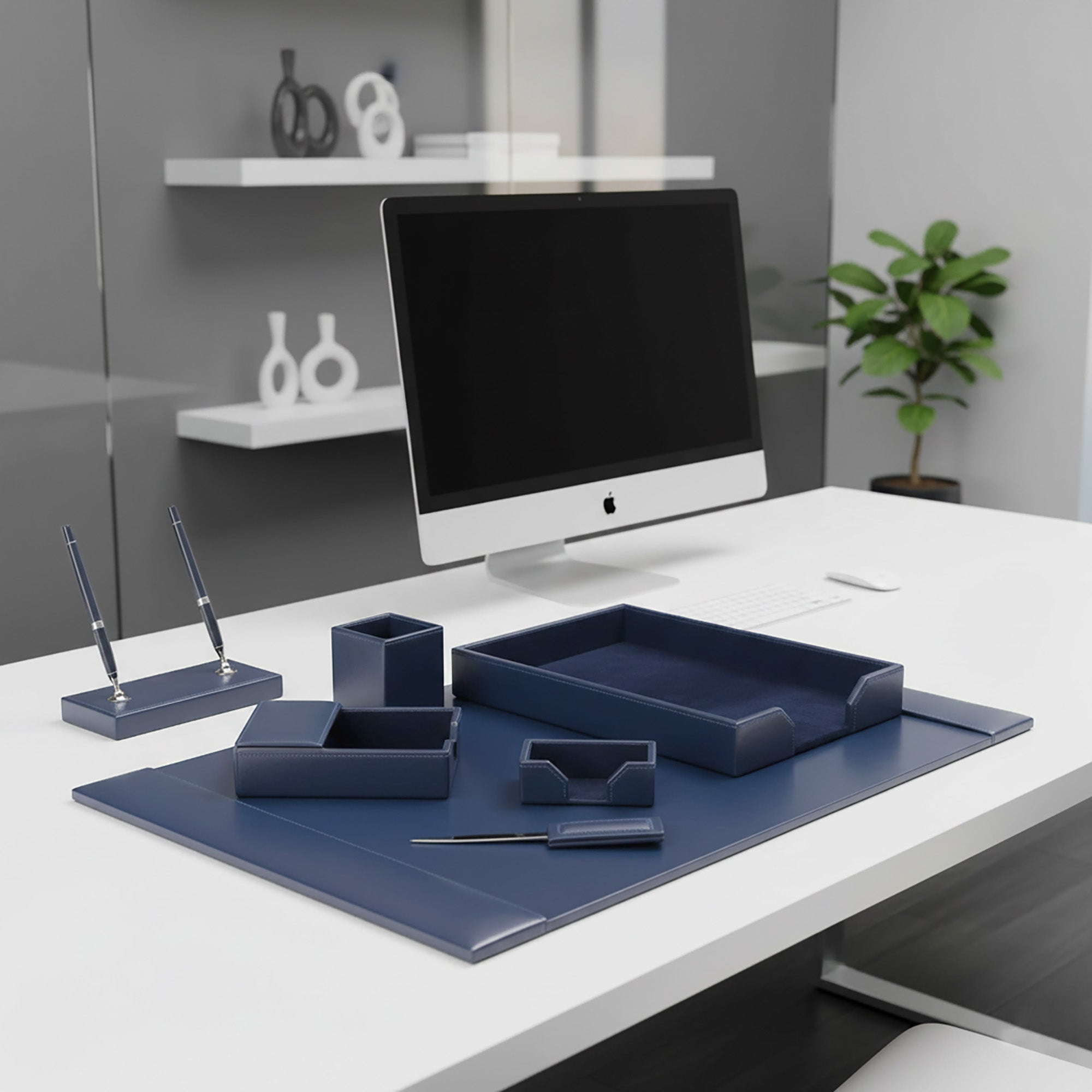 Navy Blue Bonded Leather 7-Piece Desk Set