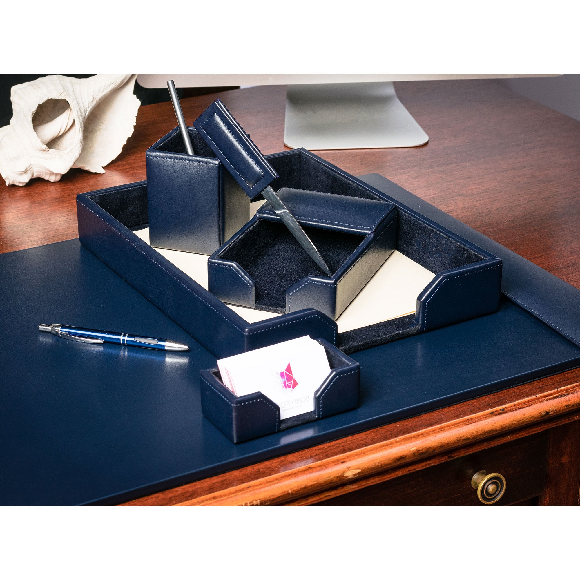 Navy Blue Bonded Leather 7-Piece Desk Set