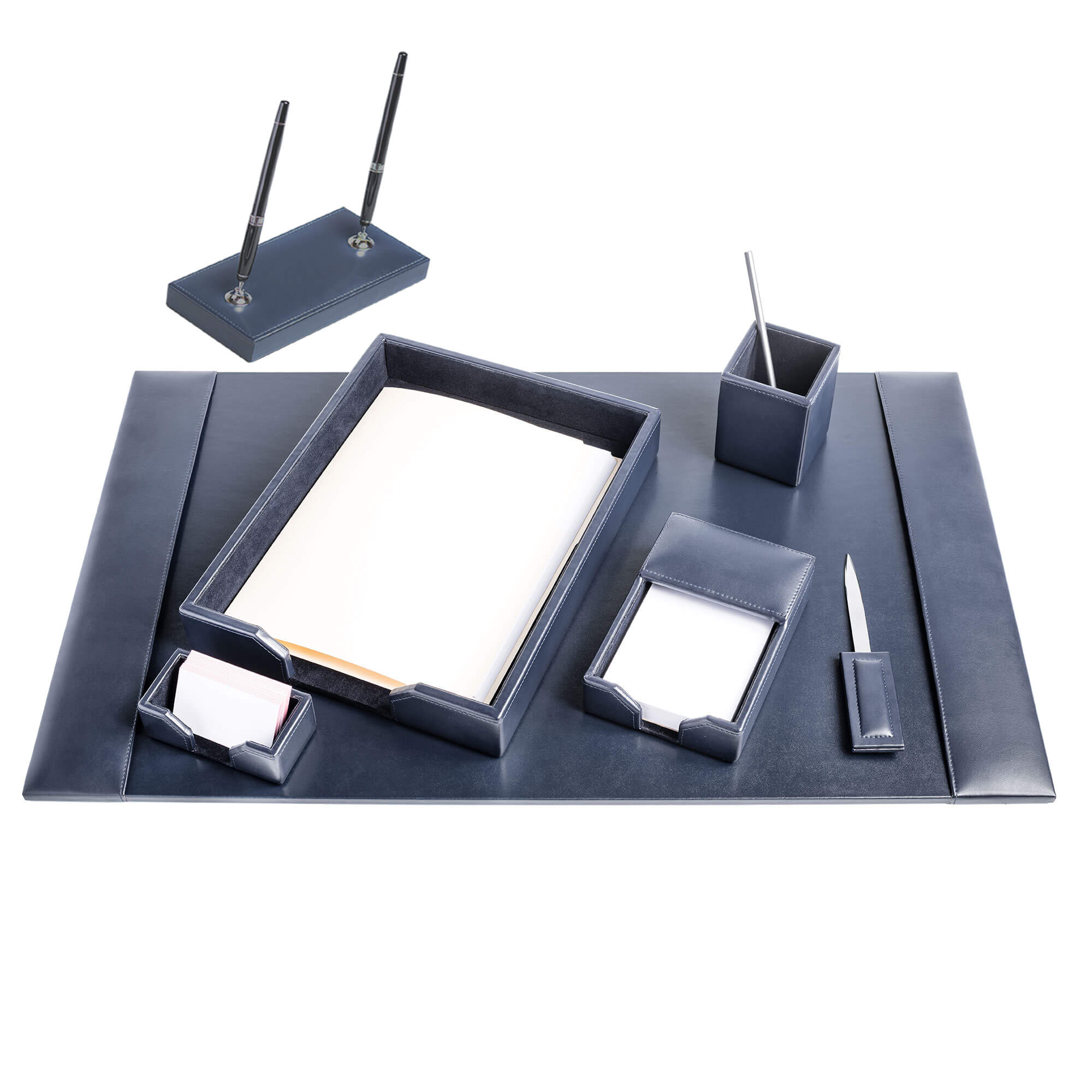 Navy Blue Bonded Leather 7-Piece Desk Set