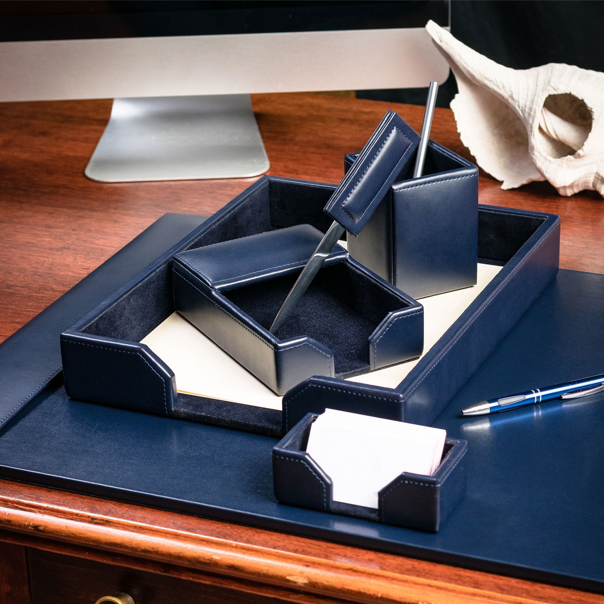 Navy Blue Bonded Leather 7-Piece Desk Set