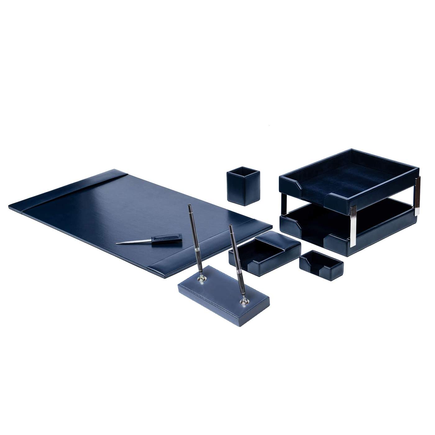 Navy Blue Bonded Leather 9-Piece Desk Set