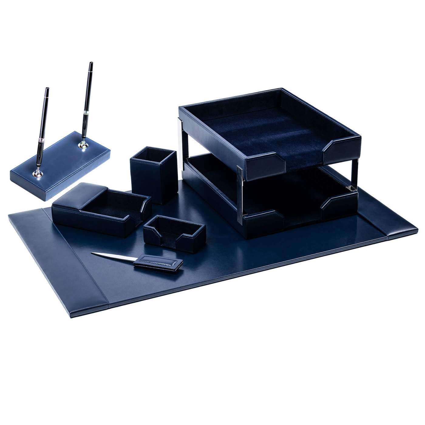 Navy Blue Bonded Leather 9-Piece Desk Set
