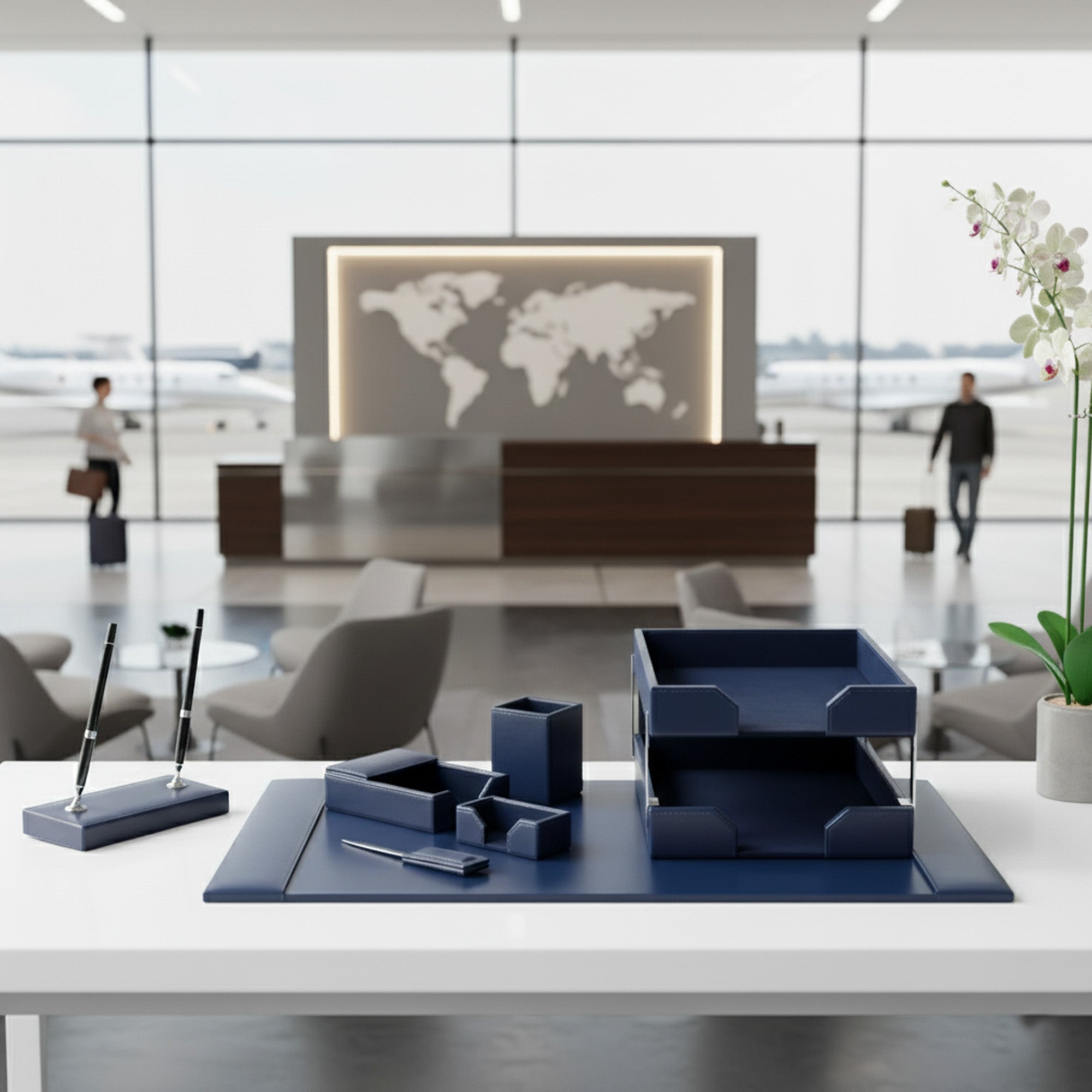 Navy Blue Bonded Leather 9-Piece Desk Set