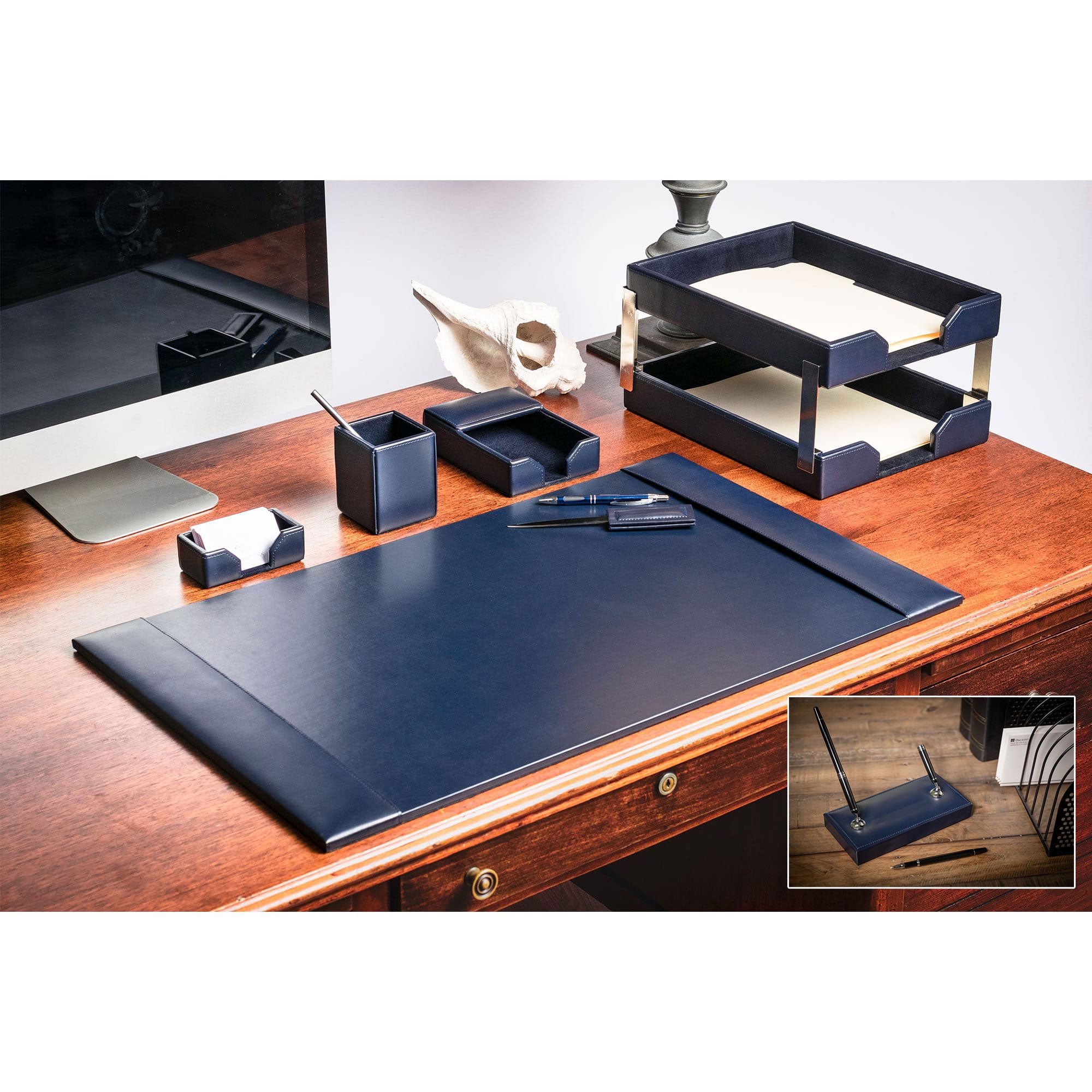 Navy Blue Bonded Leather 9-Piece Desk Set