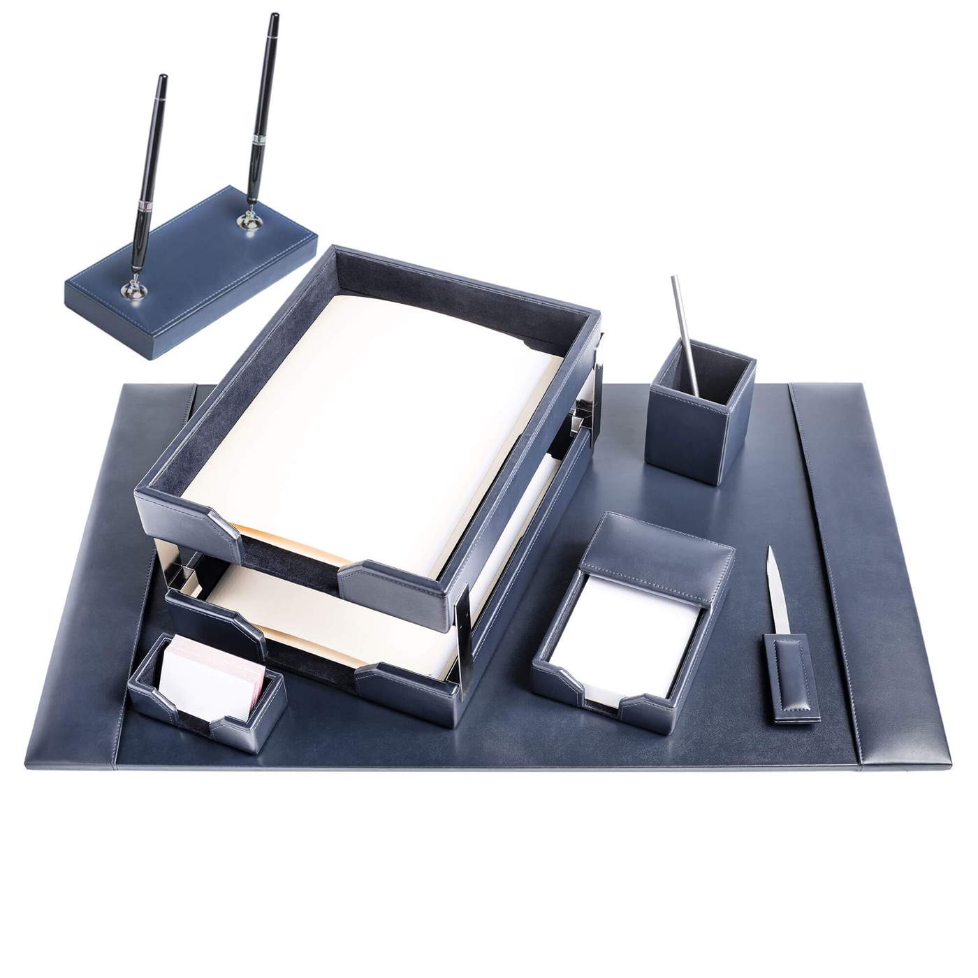 Navy Blue Bonded Leather 9-Piece Desk Set