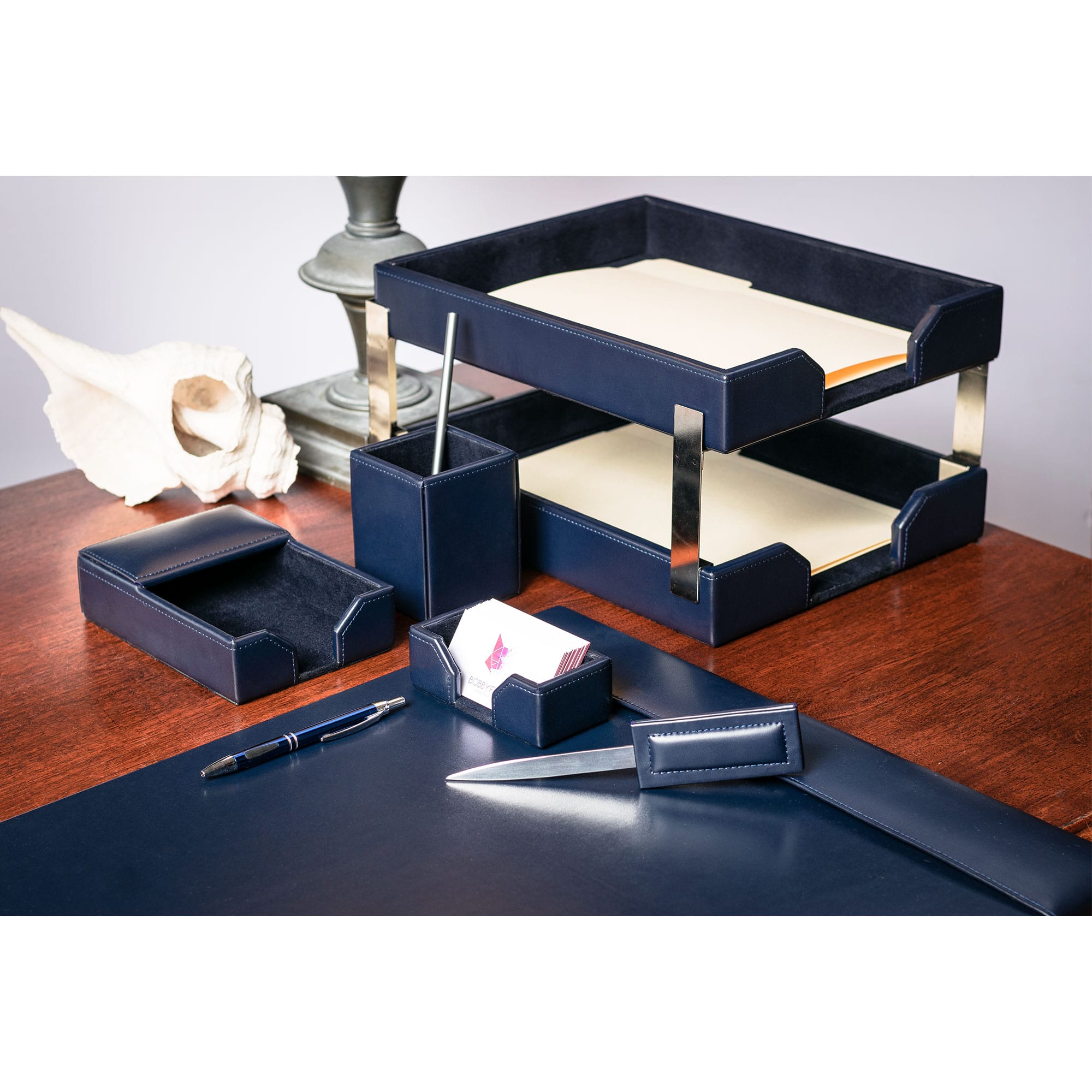 Navy Blue Bonded Leather 9-Piece Desk Set