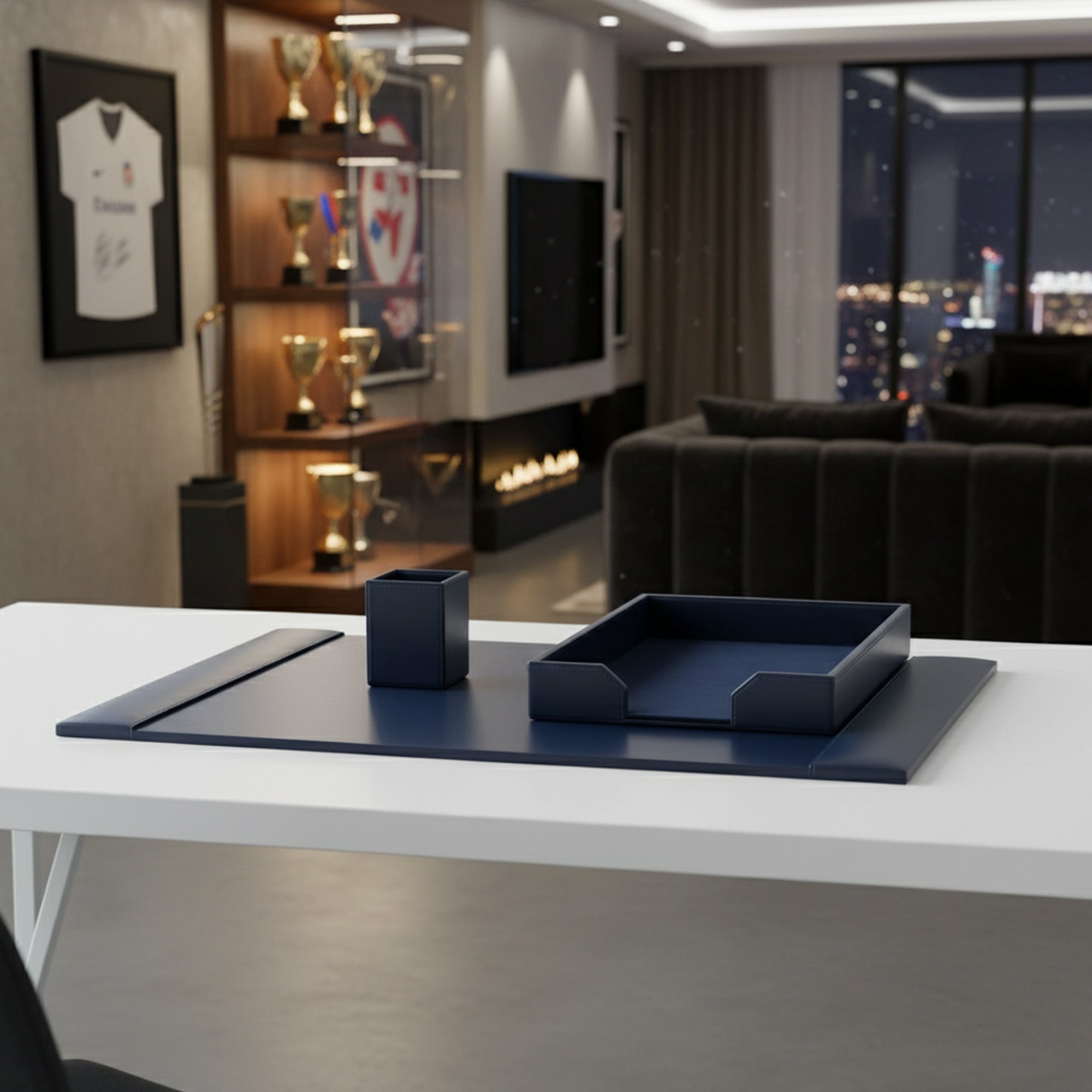 Navy Blue Bonded Leather 3-Piece Desk Set