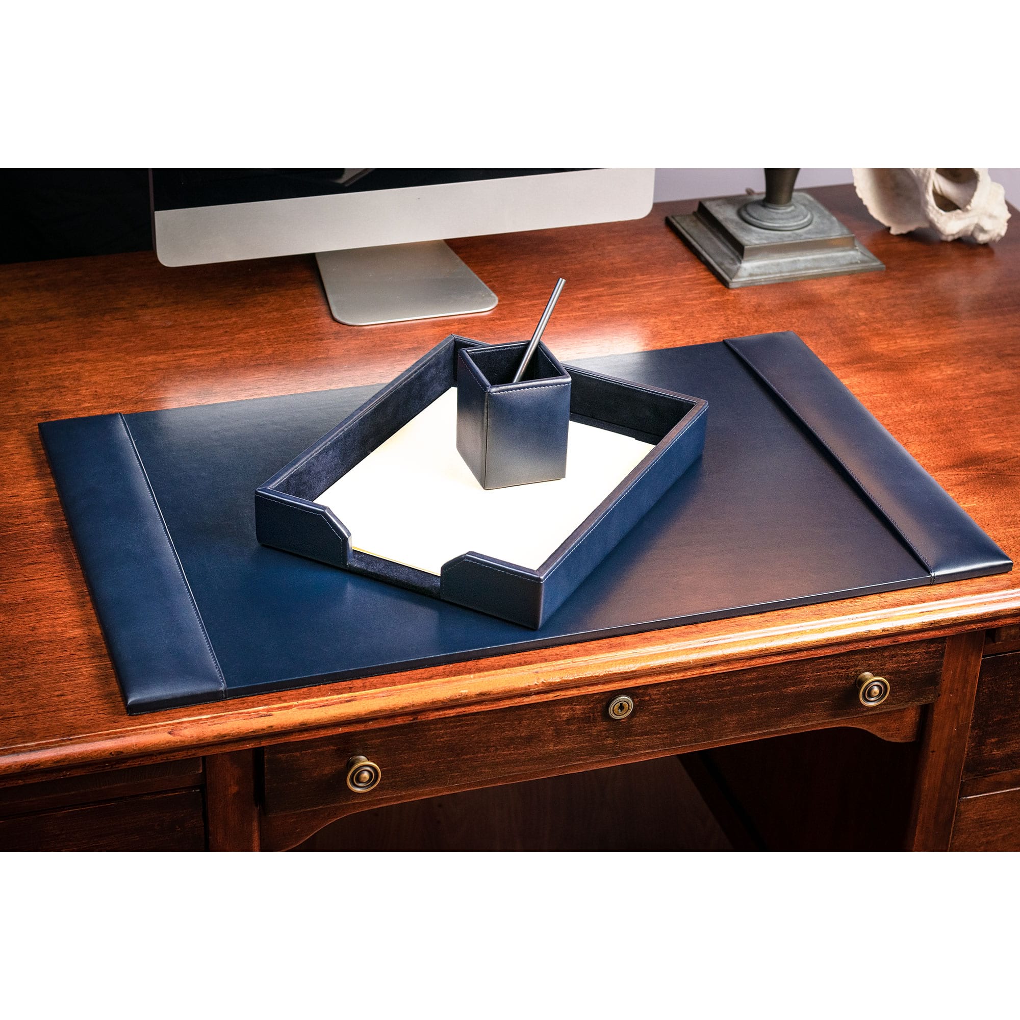 Navy Blue Bonded Leather 3-Piece Desk Set