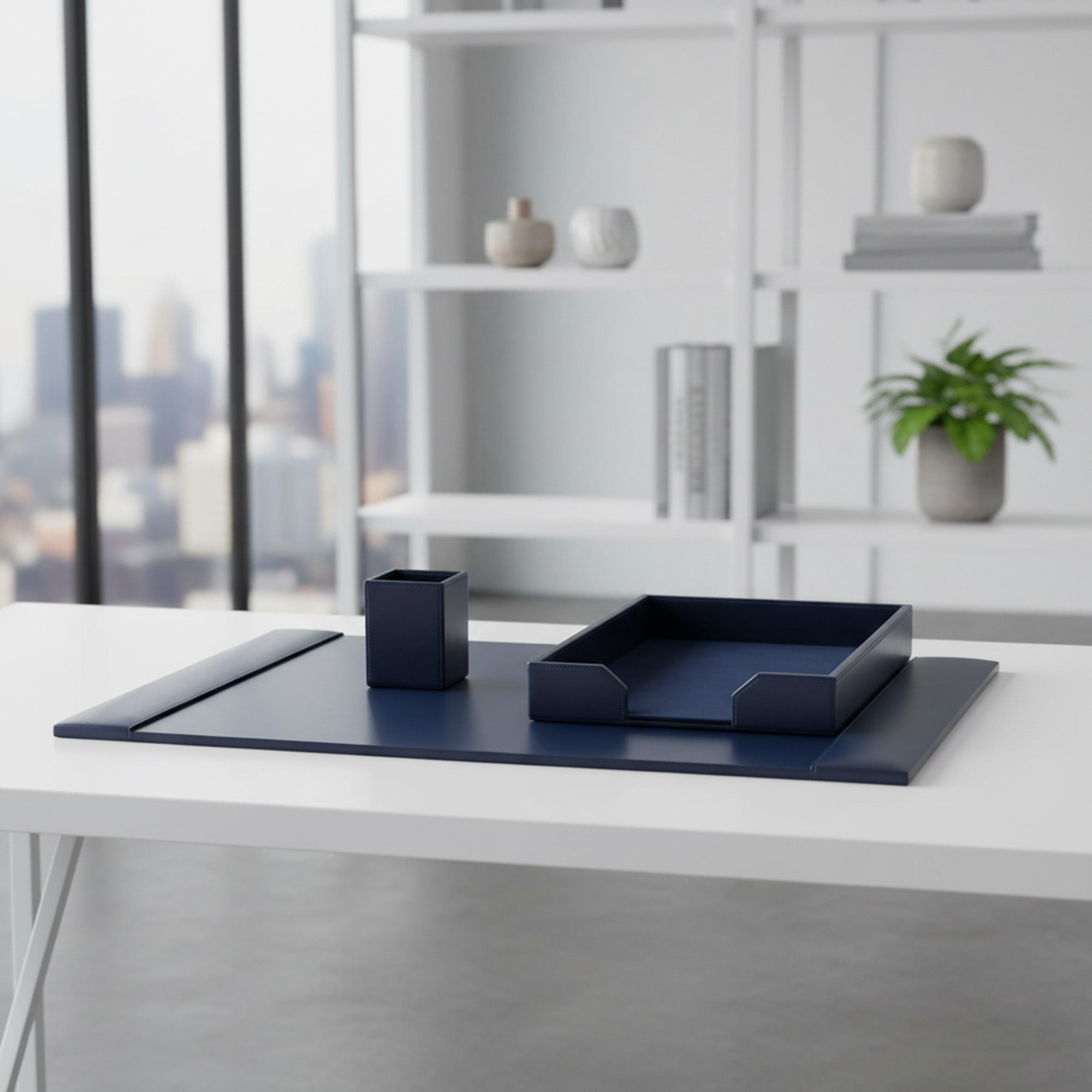 Navy Blue Bonded Leather 3-Piece Desk Set