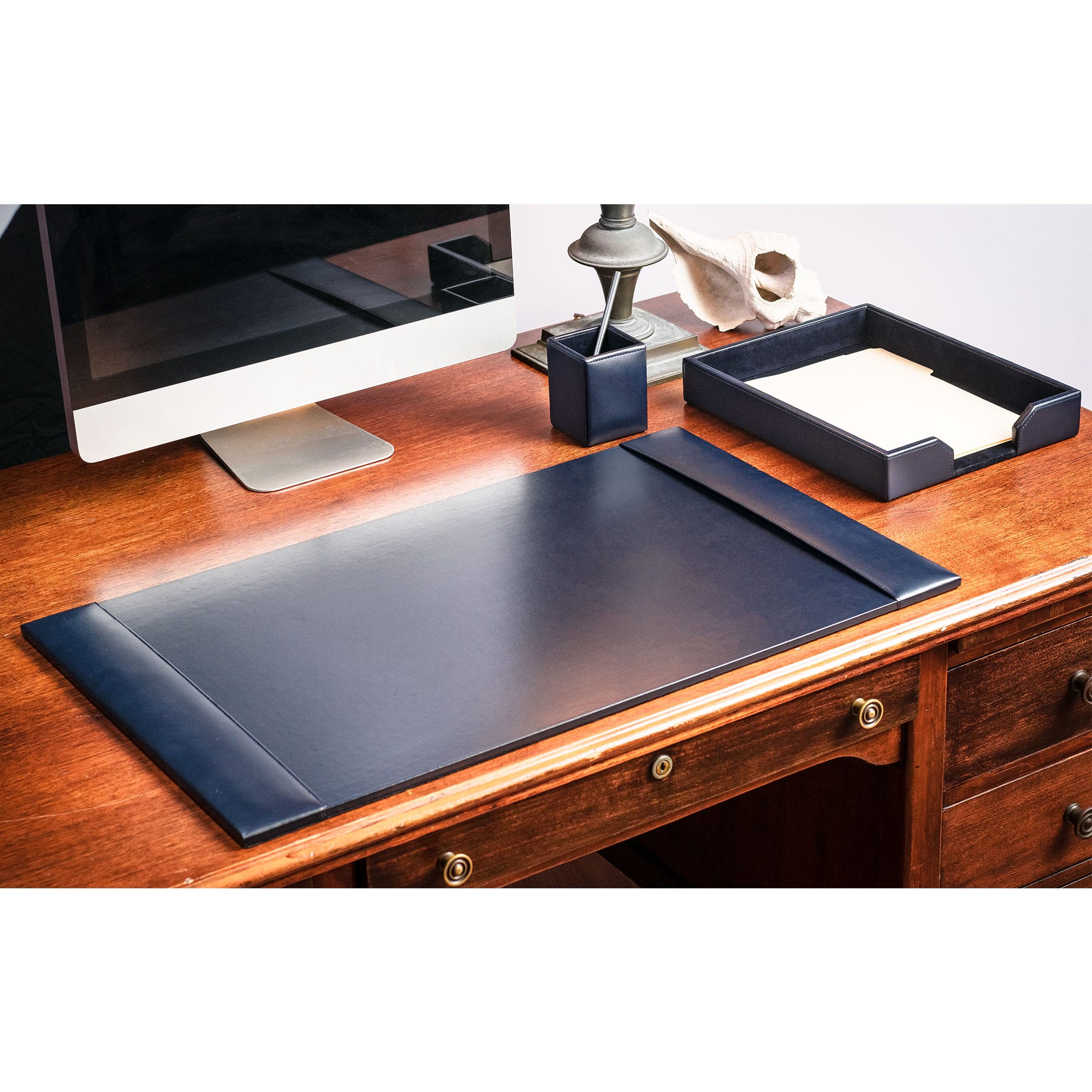 Navy Blue Bonded Leather 3-Piece Desk Set
