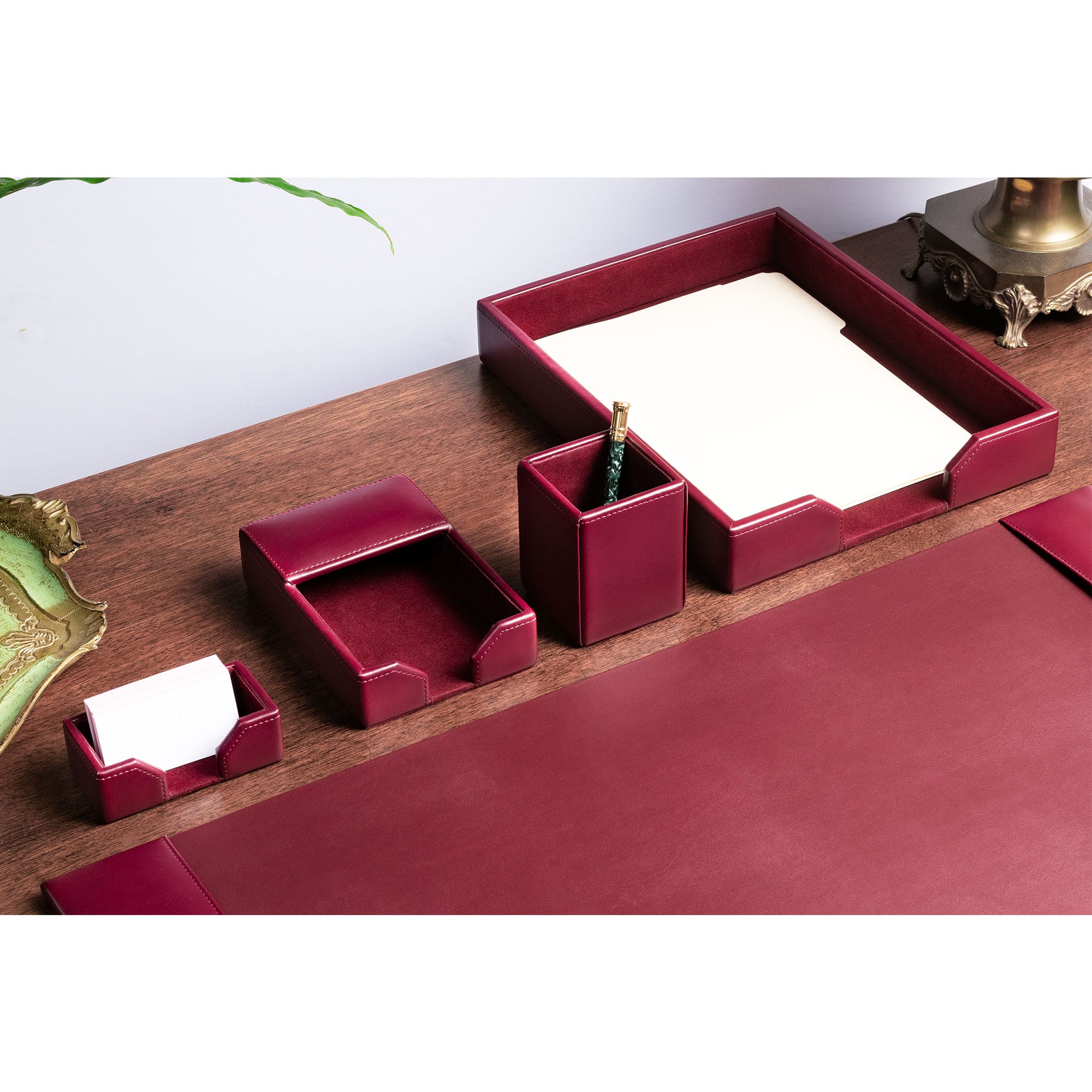 Burgundy Bonded Leather 5-Piece Desk Set