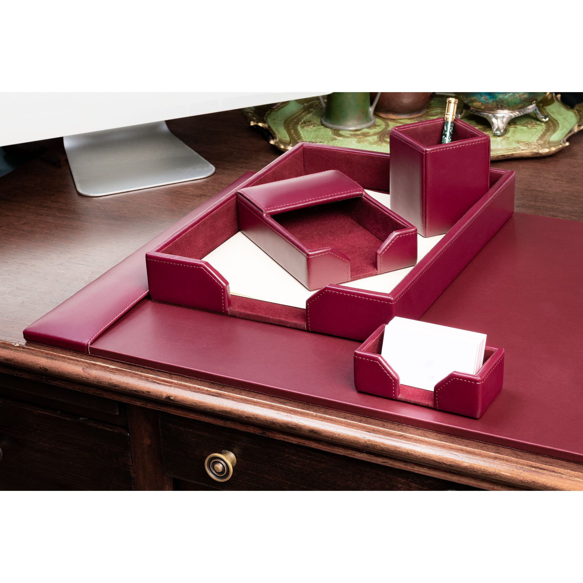 Burgundy Bonded Leather 5-Piece Desk Set