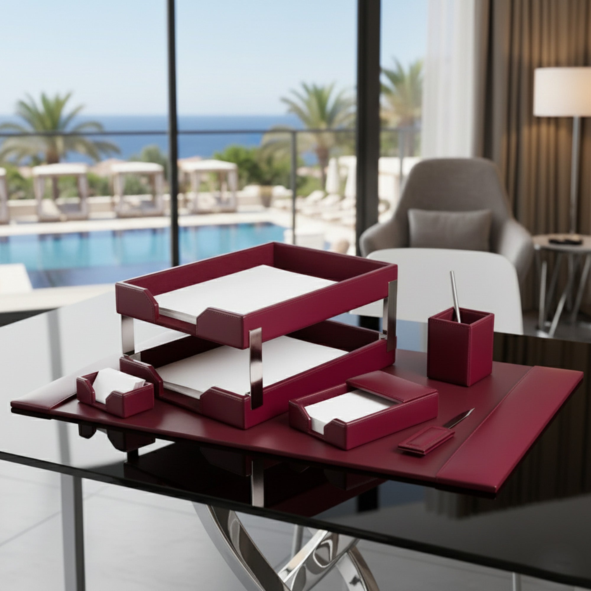 Burgundy Bonded Leather 8-Piece Desk Set