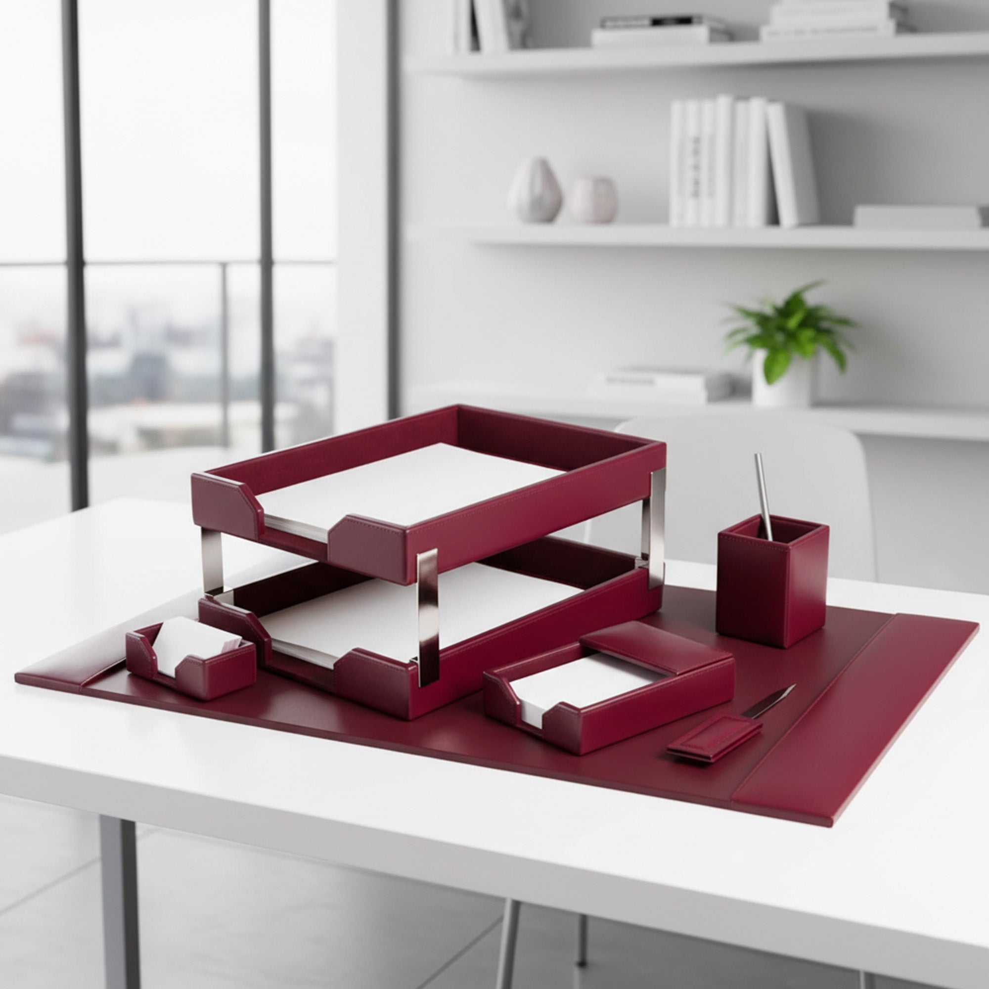 Burgundy Bonded Leather 8-Piece Desk Set
