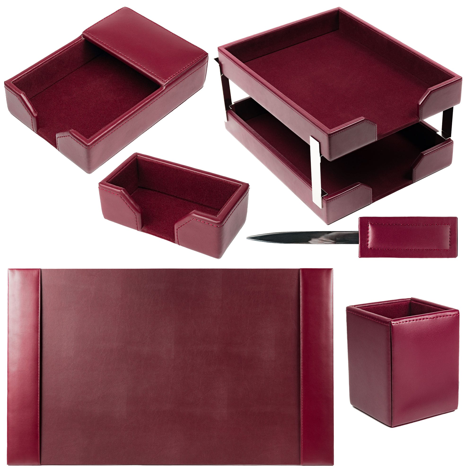 Burgundy Bonded Leather 8-Piece Desk Set