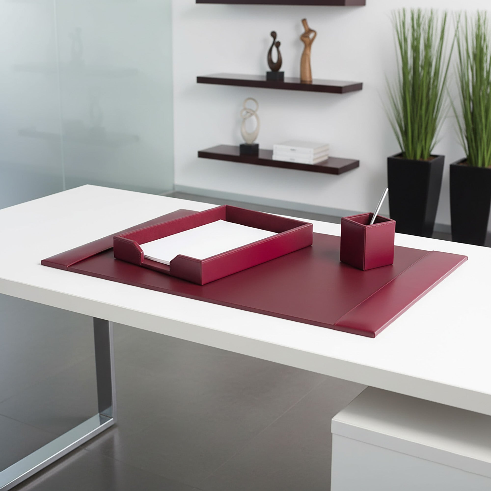 Burgundy Bonded Leather 3-Piece Desk Set
