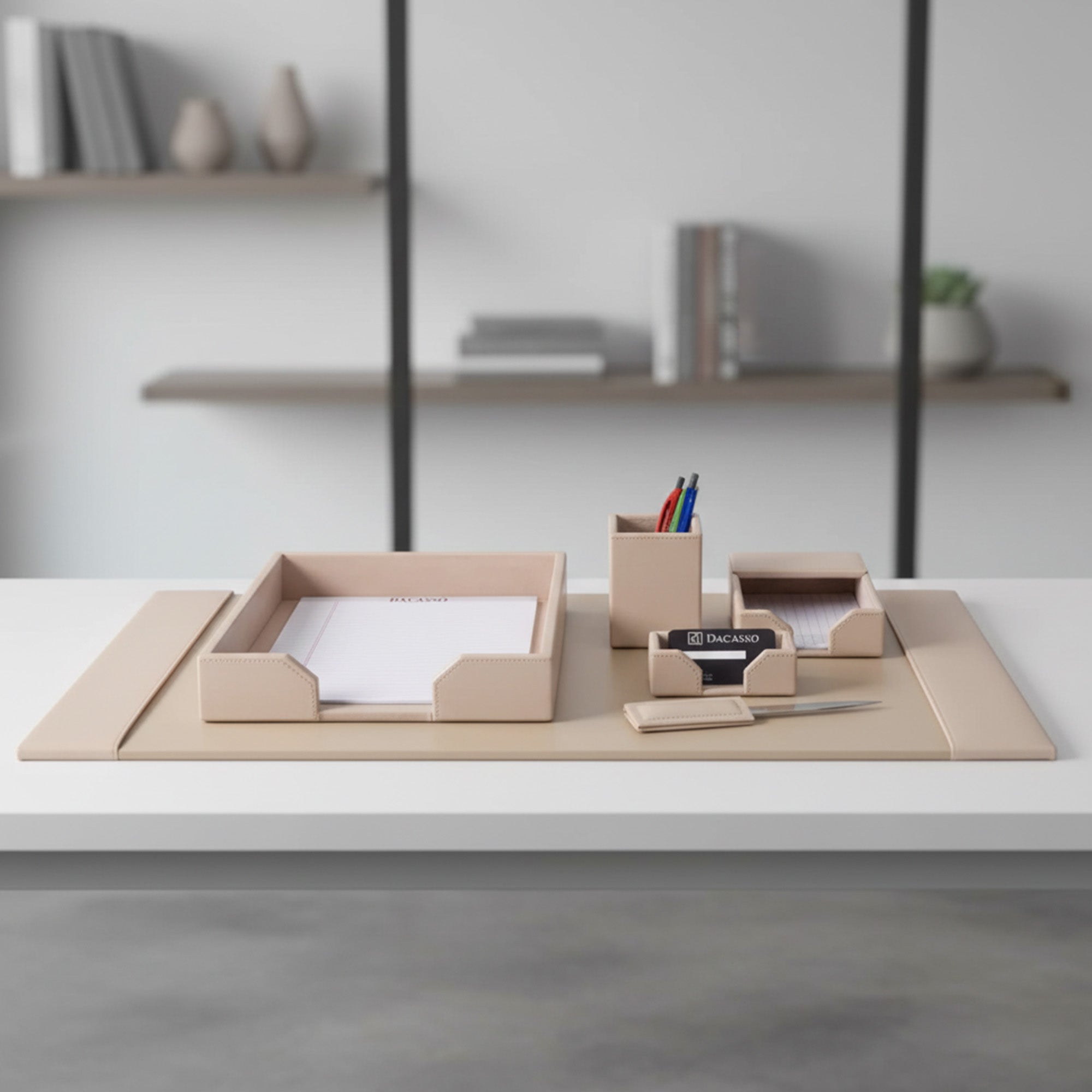 White Latte Bonded Leather 6-Piece Desk Set