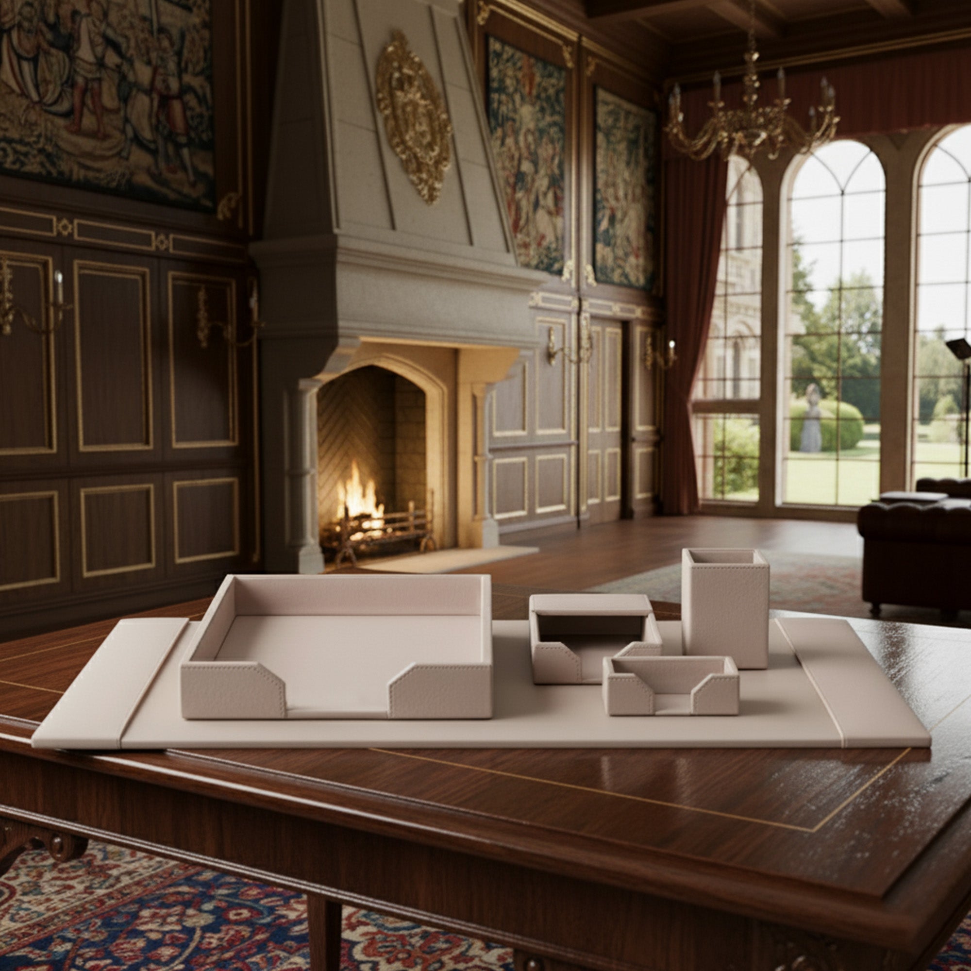 White Latte Bonded Leather 5-Piece Desk Set