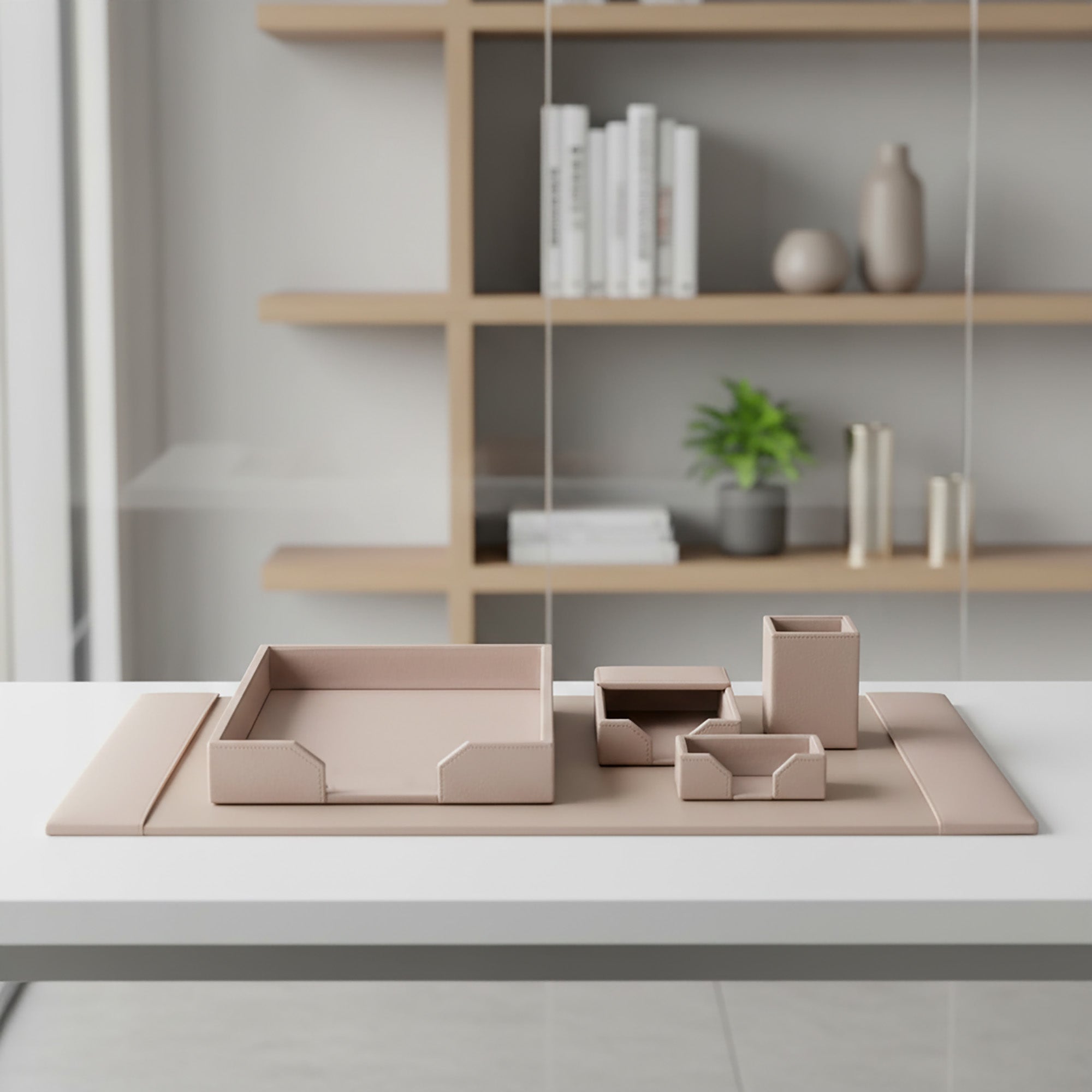 White Latte Bonded Leather 5-Piece Desk Set