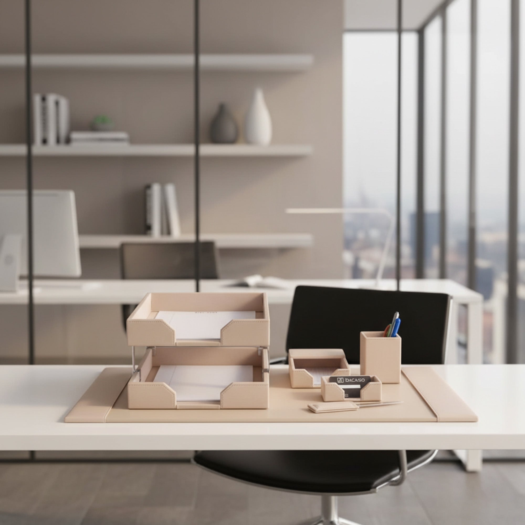 White Latte Bonded Leather 8-Piece Desk Set