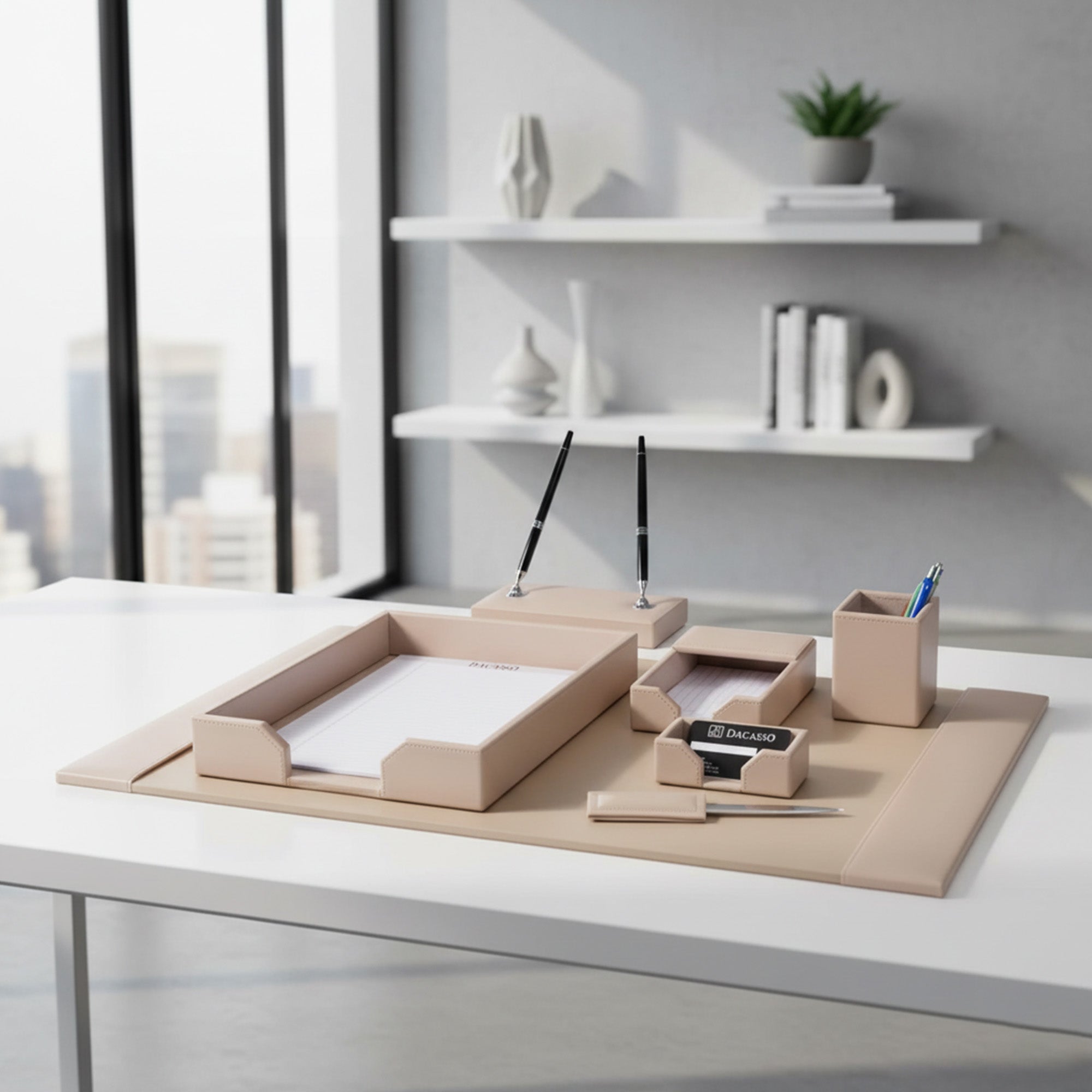 White Latte Bonded Leather 7-Piece Desk Set