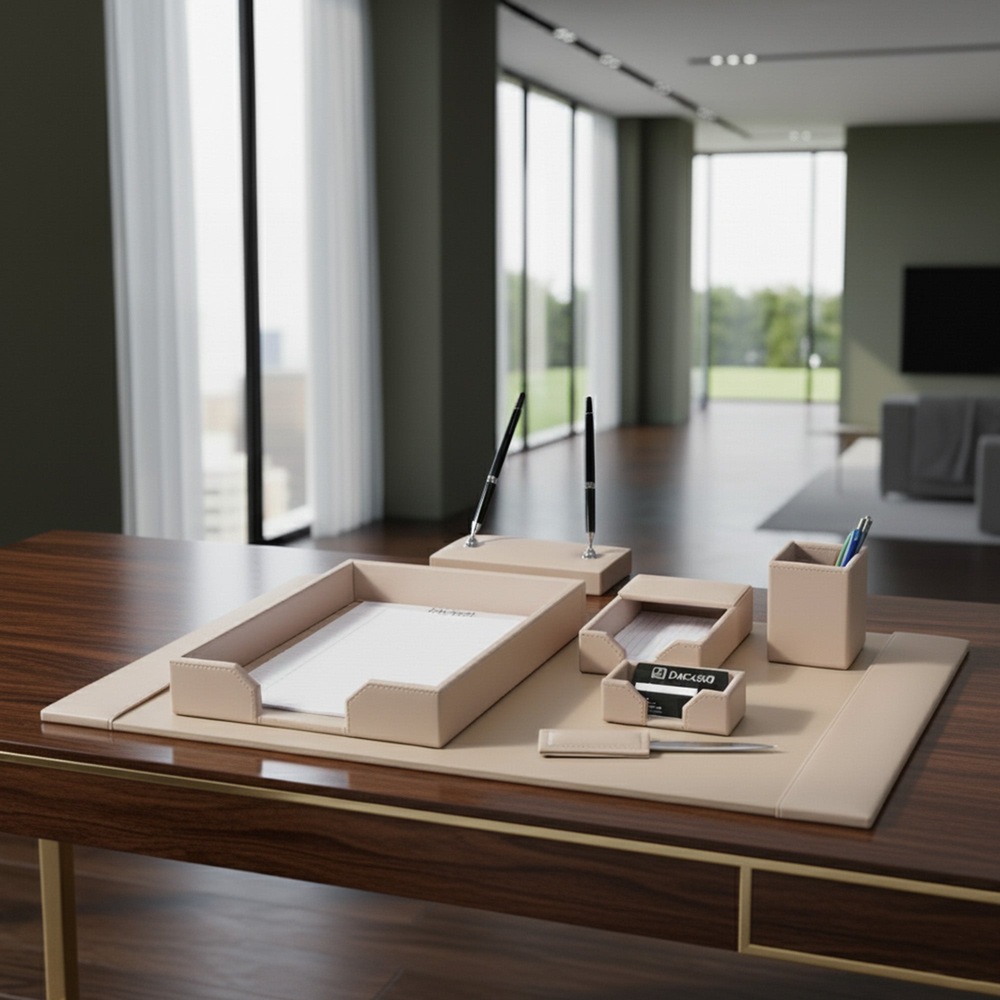 White Latte Bonded Leather 7-Piece Desk Set