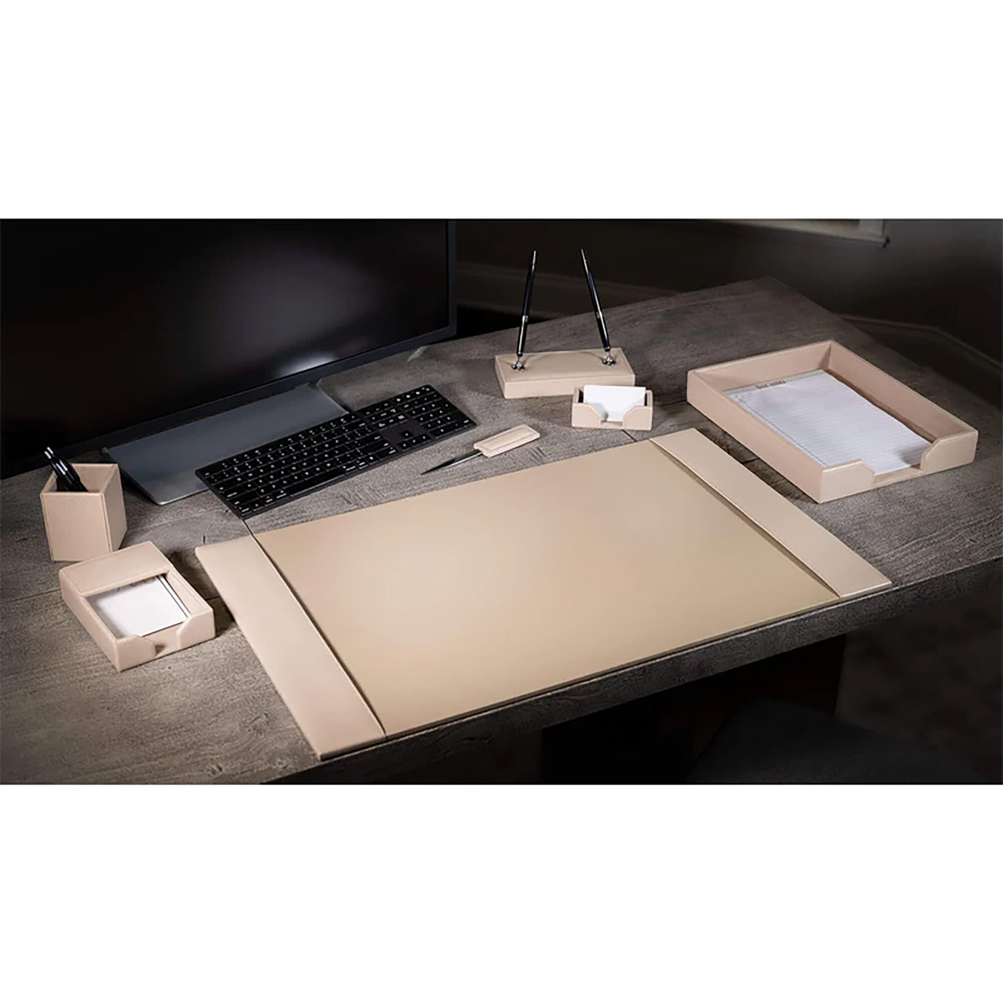 White Latte Bonded Leather 7-Piece Desk Set