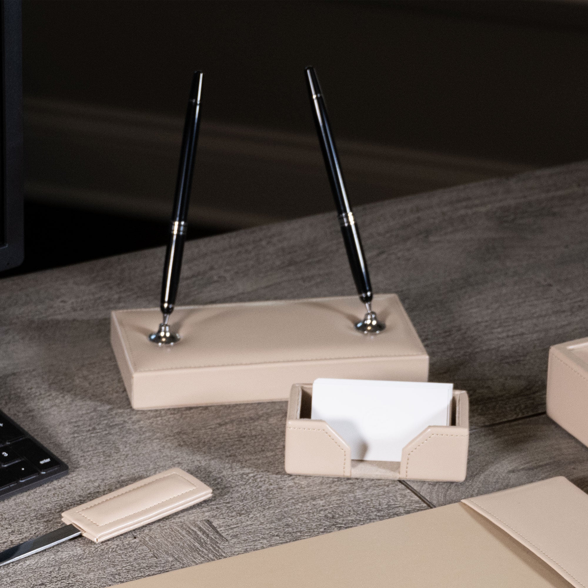 White Latte Bonded Leather 7-Piece Desk Set