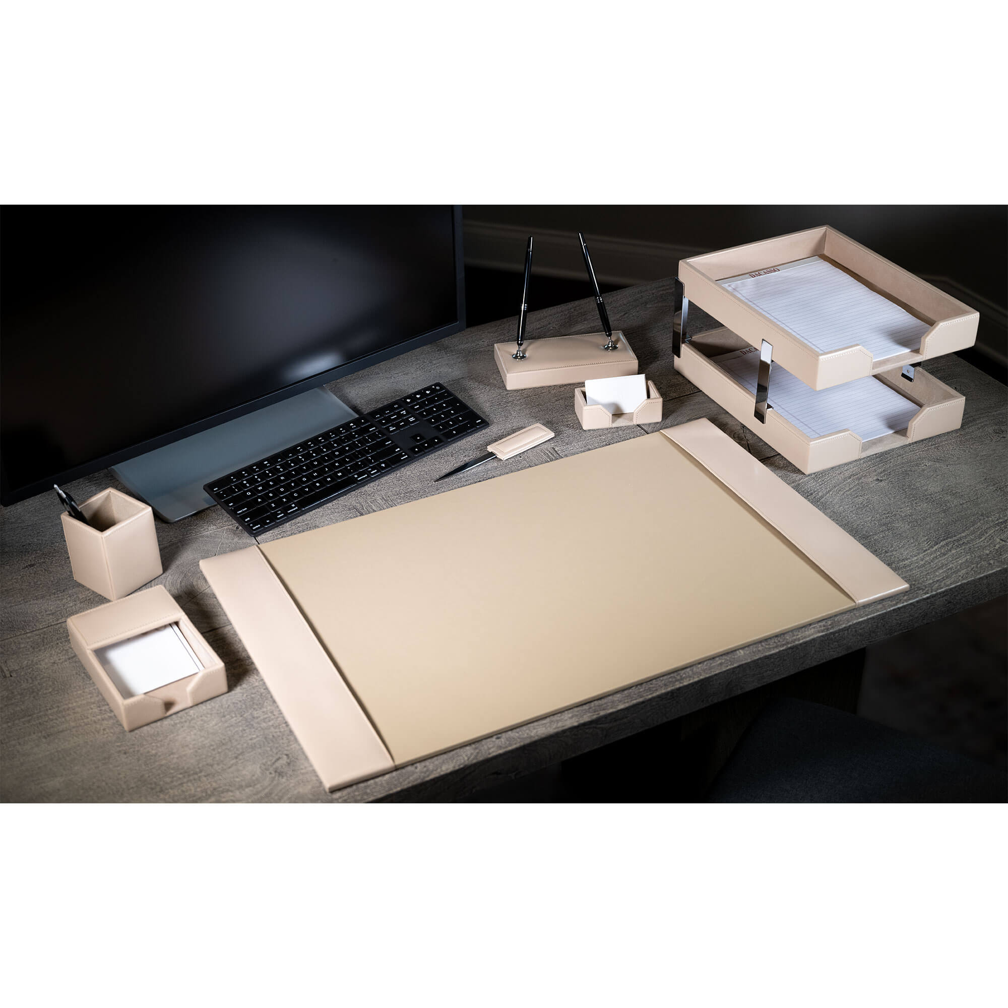 White Latte Bonded Leather 9-Piece Desk Set