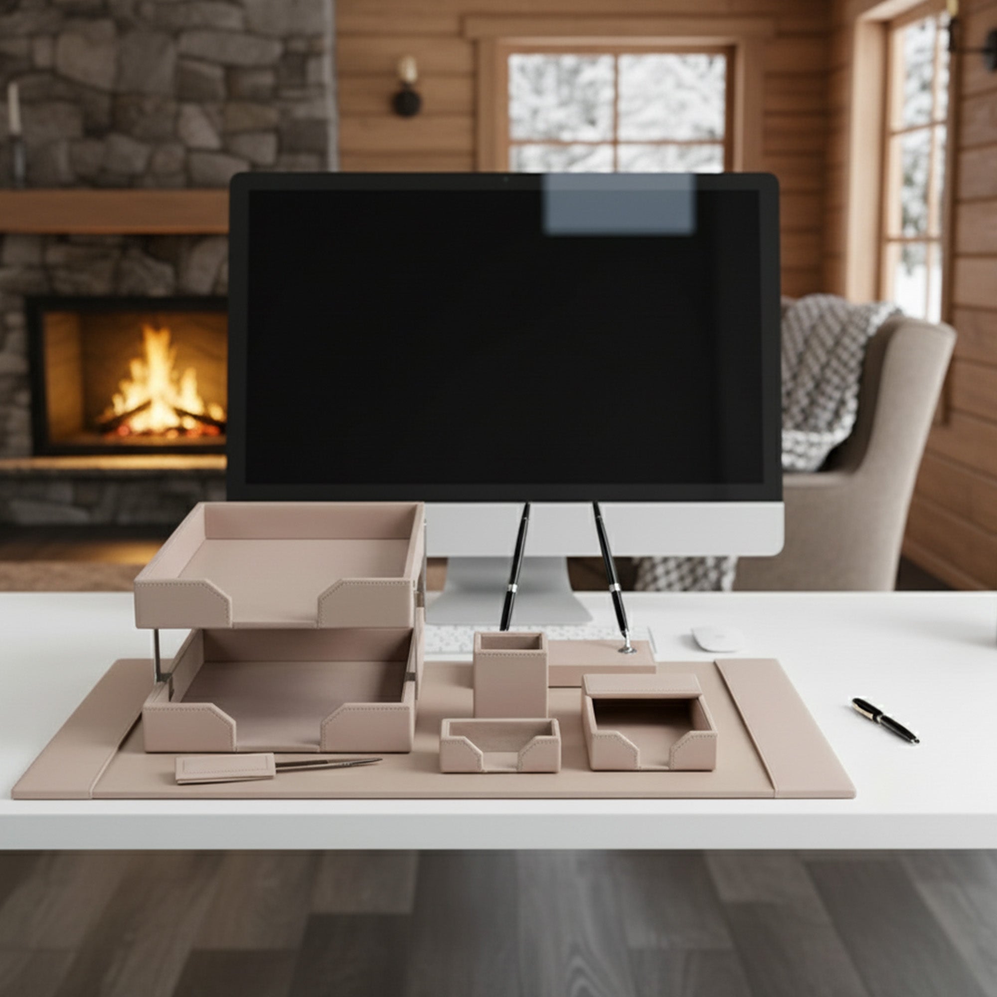 White Latte Bonded Leather 9-Piece Desk Set