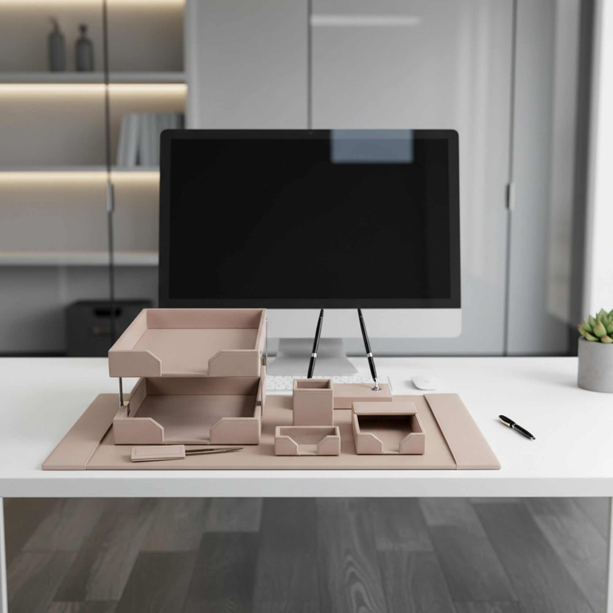 White Latte Bonded Leather 9-Piece Desk Set