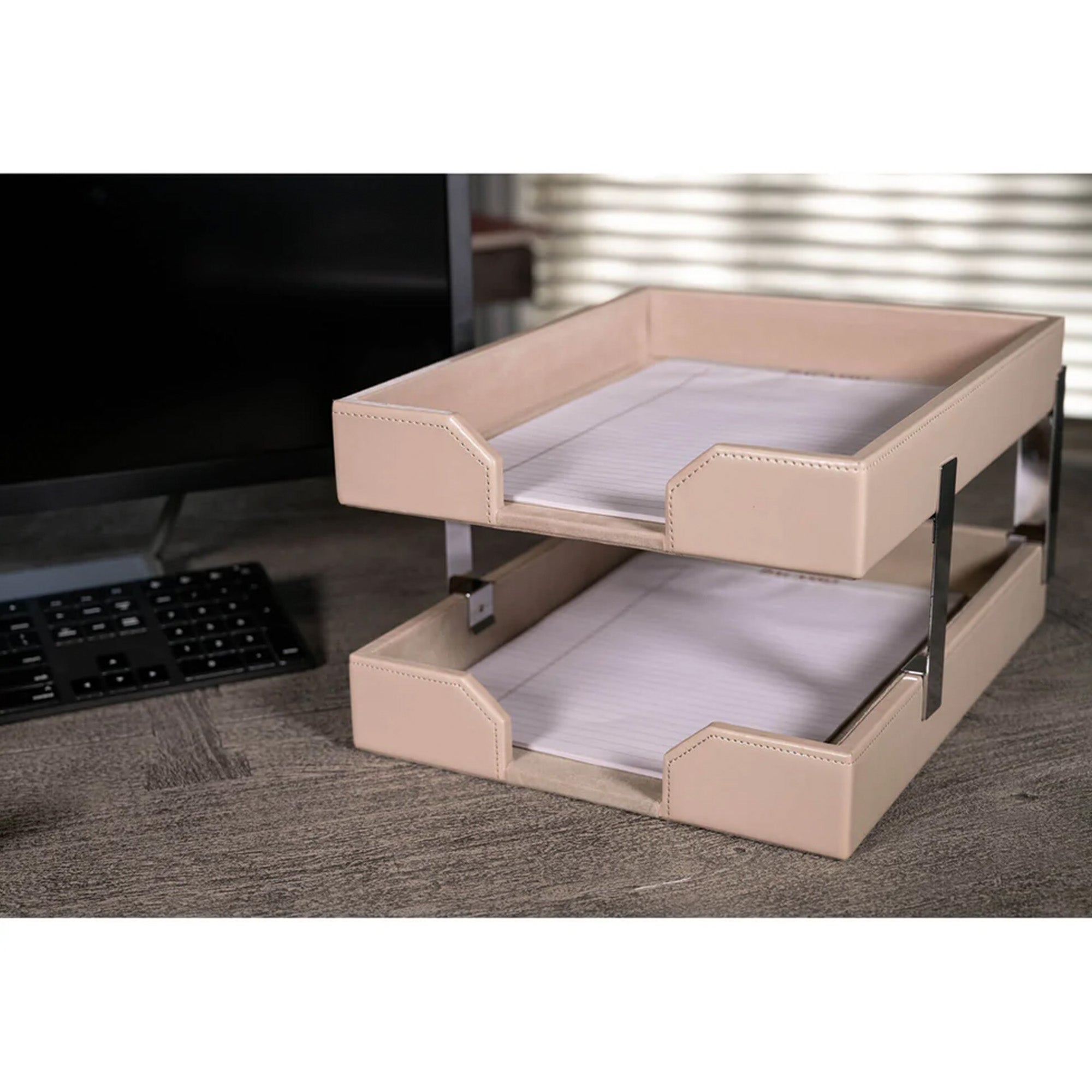 White Latte Bonded Leather 9-Piece Desk Set