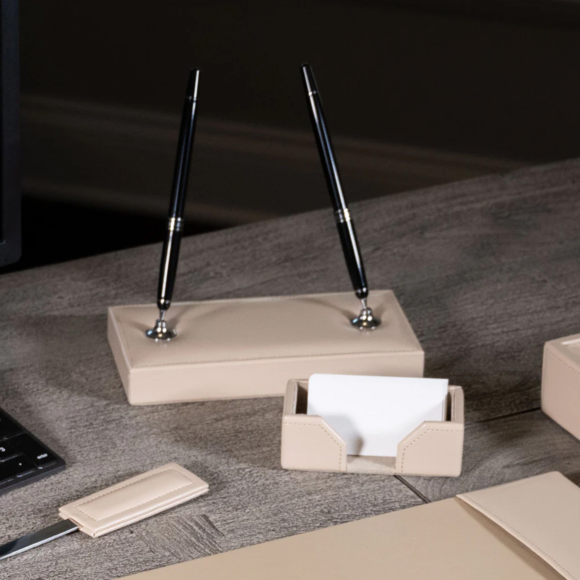 White Latte Bonded Leather 9-Piece Desk Set