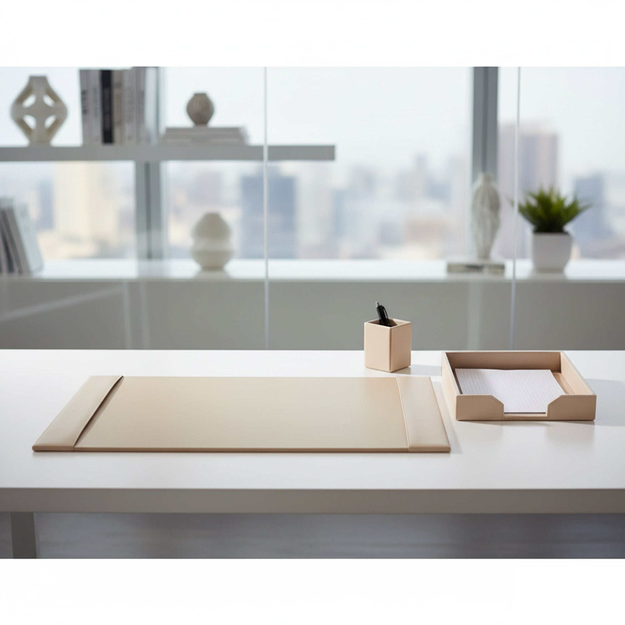 White Latte Bonded Leather 3-Piece Desk Set