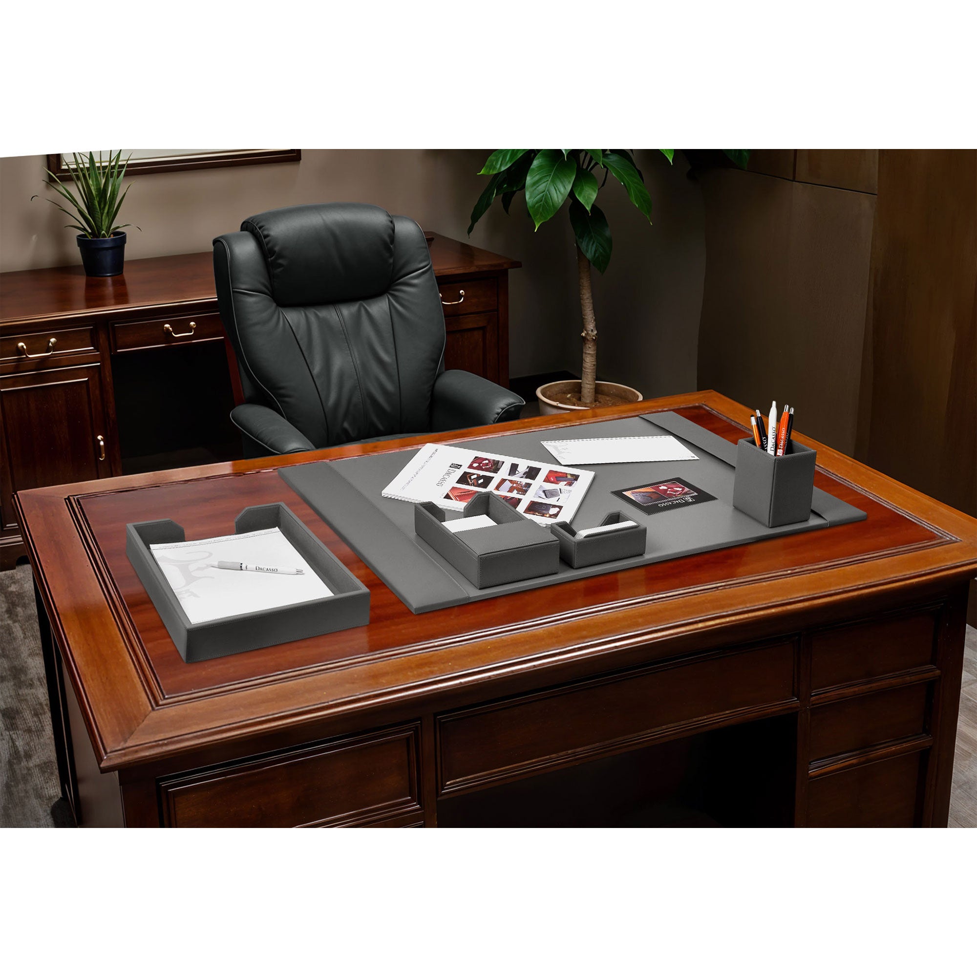 Gray Bonded Leather 5-Piece Desk Set