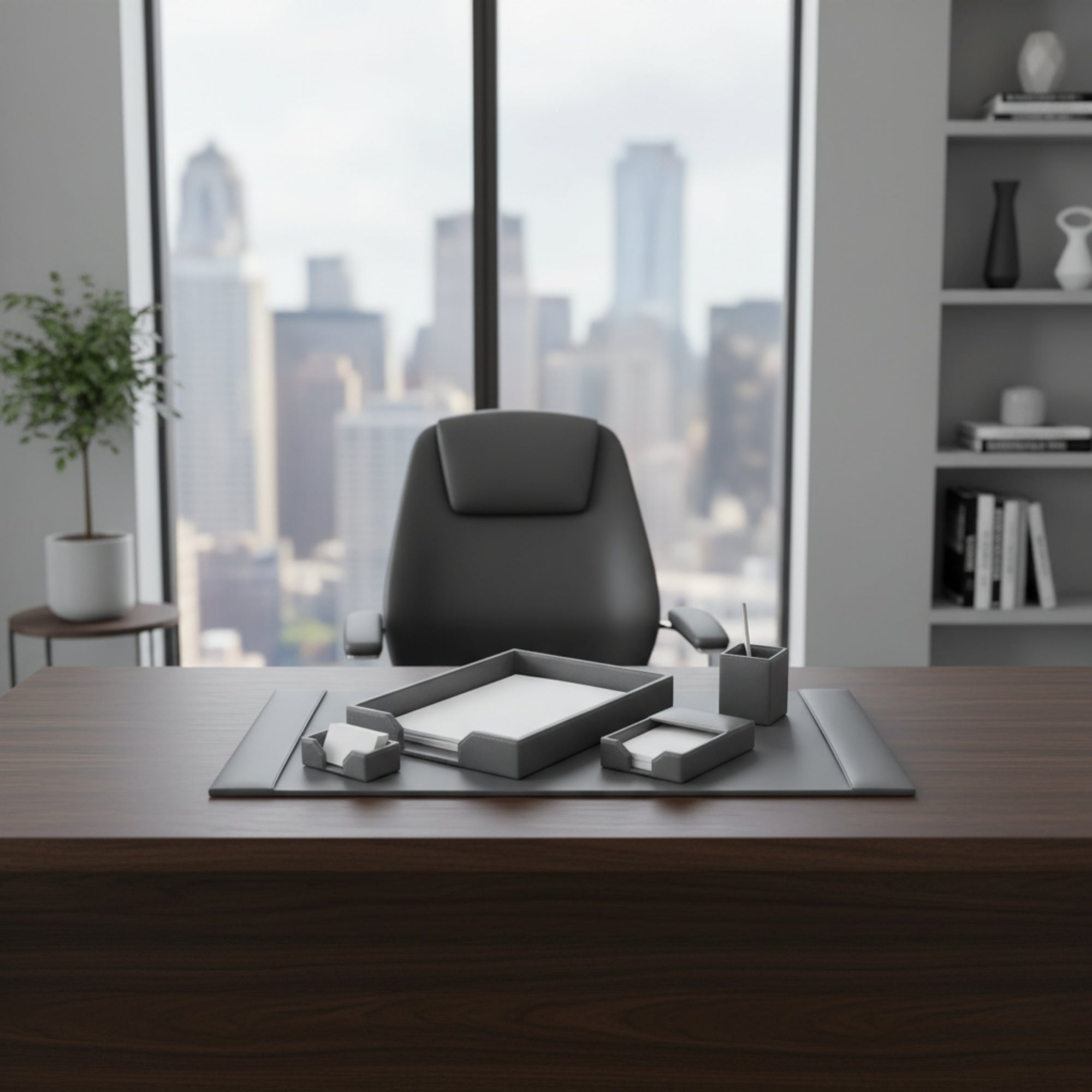 Gray Bonded Leather 5-Piece Desk Set