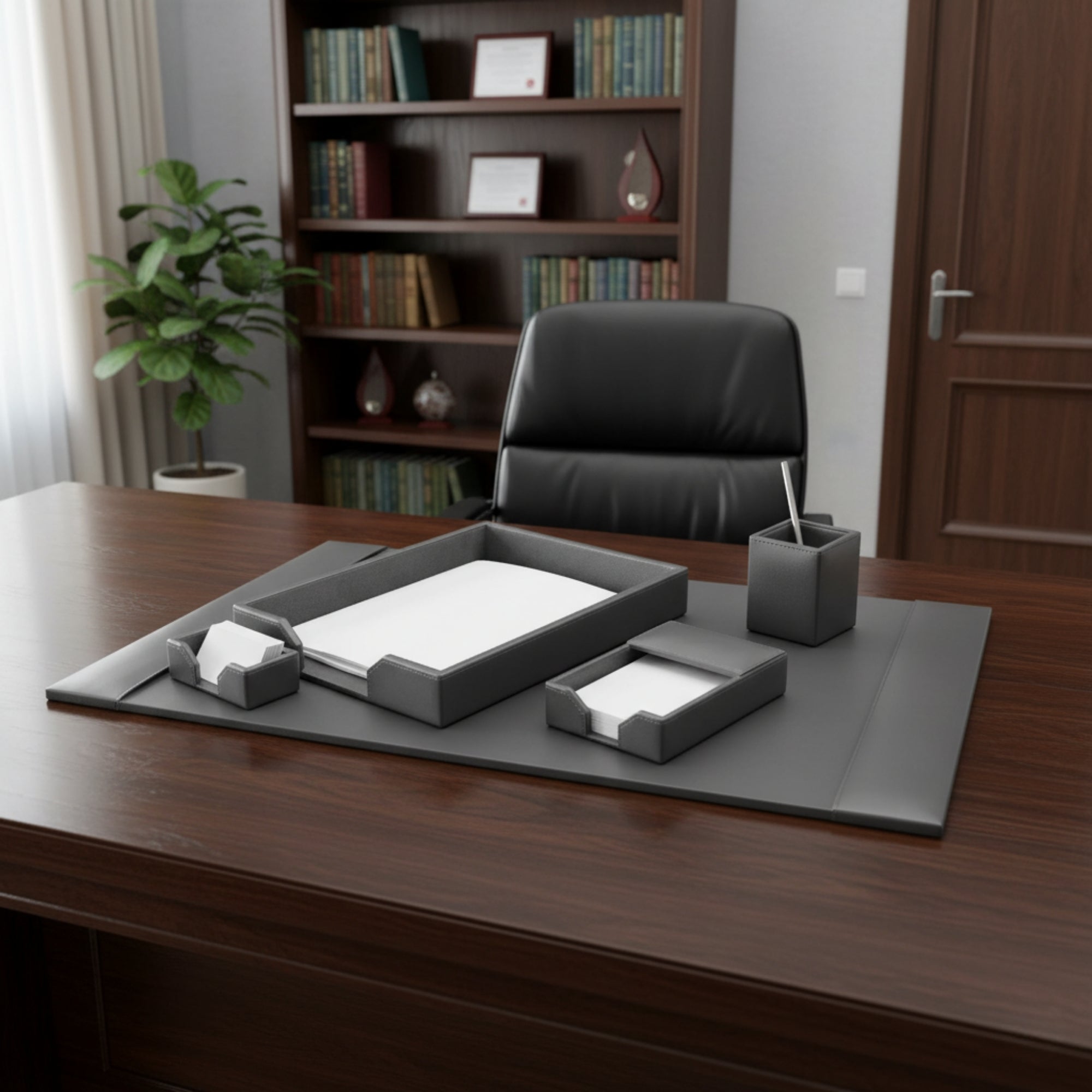 Gray Bonded Leather 5-Piece Desk Set