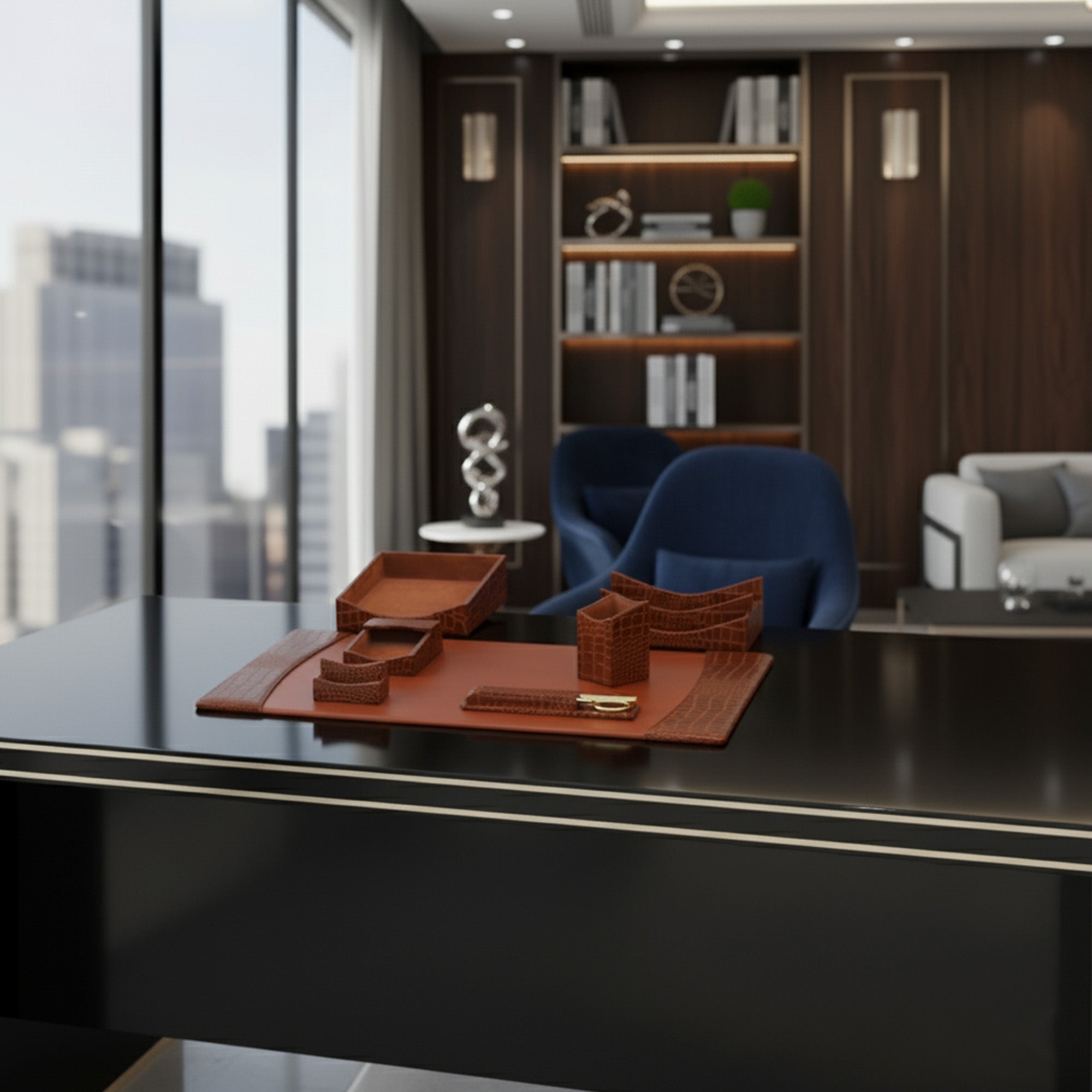 Protacini Cognac Brown Italian Crocodile Leather 7-Piece Desk Set